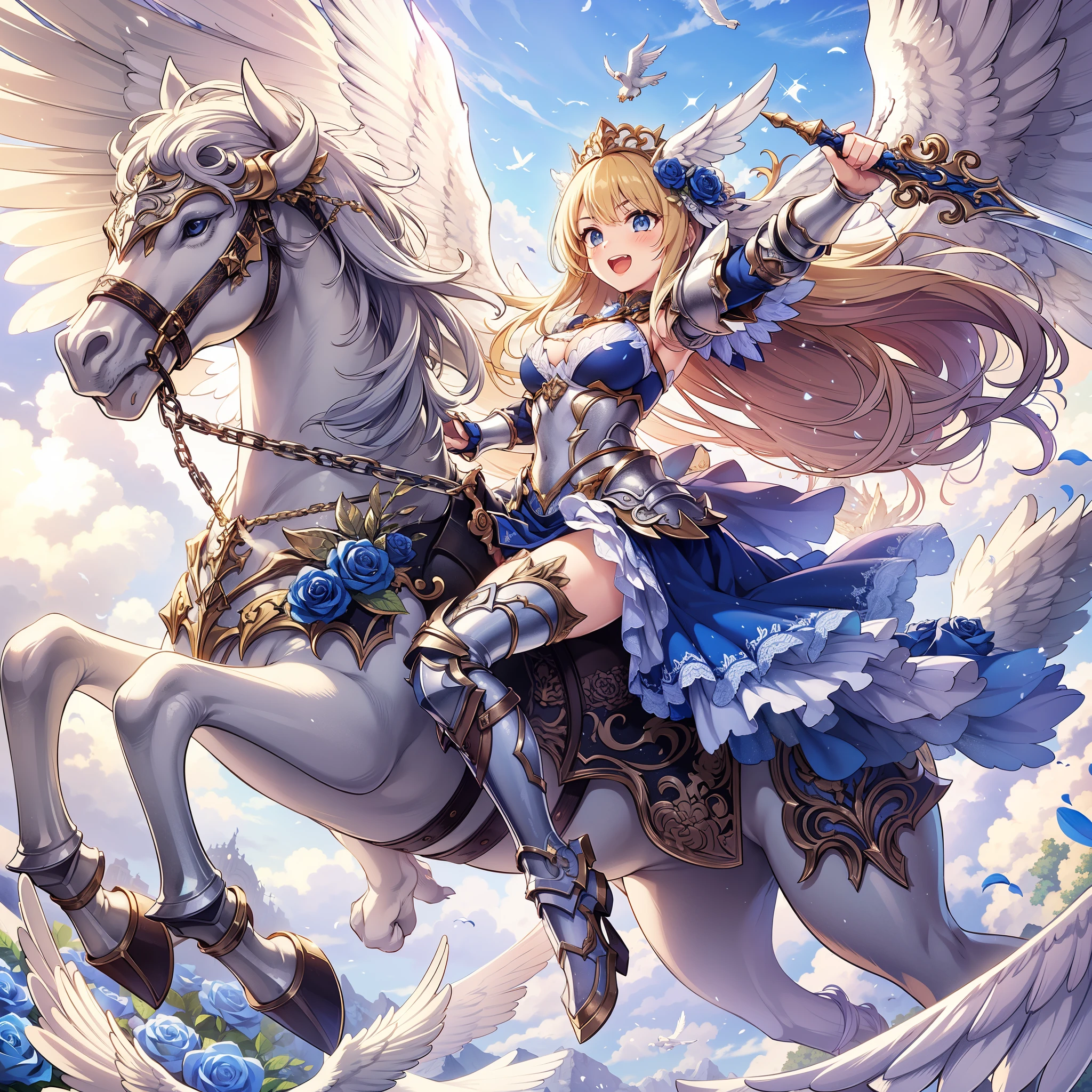 (masterpiece), best quality, 1girl, A beautiful young girl with long blonde hair wearing a blue skirt and white heavy armor, riding on a white Pegasus. The girl raises the sword in her hand and shouts, the Pegasus raises its front feet high in the air, and the Pegasus spreads its white wings in the air. Winged head gear, armor decorated with blue roses, sword decorated with blue roses. Pegasus, winged horse, feathers flying apart. Sacred light, blue sky and clouds, noble and elegant, glittering, fantasy art