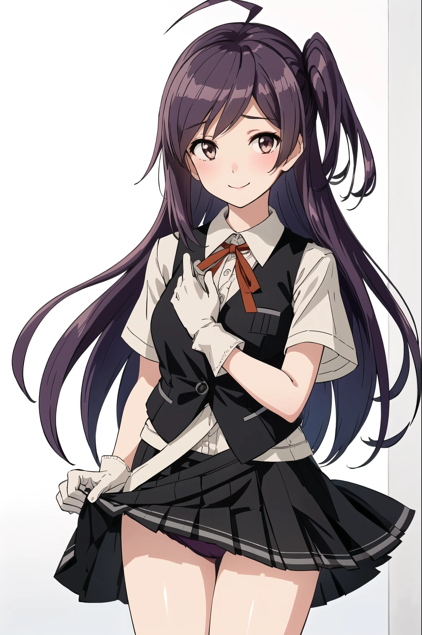 masterpiece, highest quality,
1 girl, alone,
(white background:1.4), looking at the viewer,
smile, blush, clothing lift,skirt lift,lift it yourself, purple_panties,
hagikaze, Ahoge, one side up,
shirt, neck ribbon, short sleeve, vest, black skirt, white gloves,
be quiet,