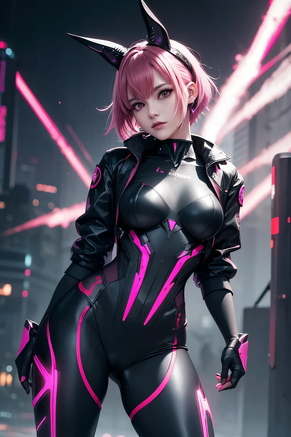 Waist up hot cyberpunk witch (masterpiece) with short pink hair, best quality, wearing cyberpunk rabbit ears & a tight plugsuit sci-fi outfit (Evangelion style), short jacket, sharp focus, moving pose, cybersamurai, glowing