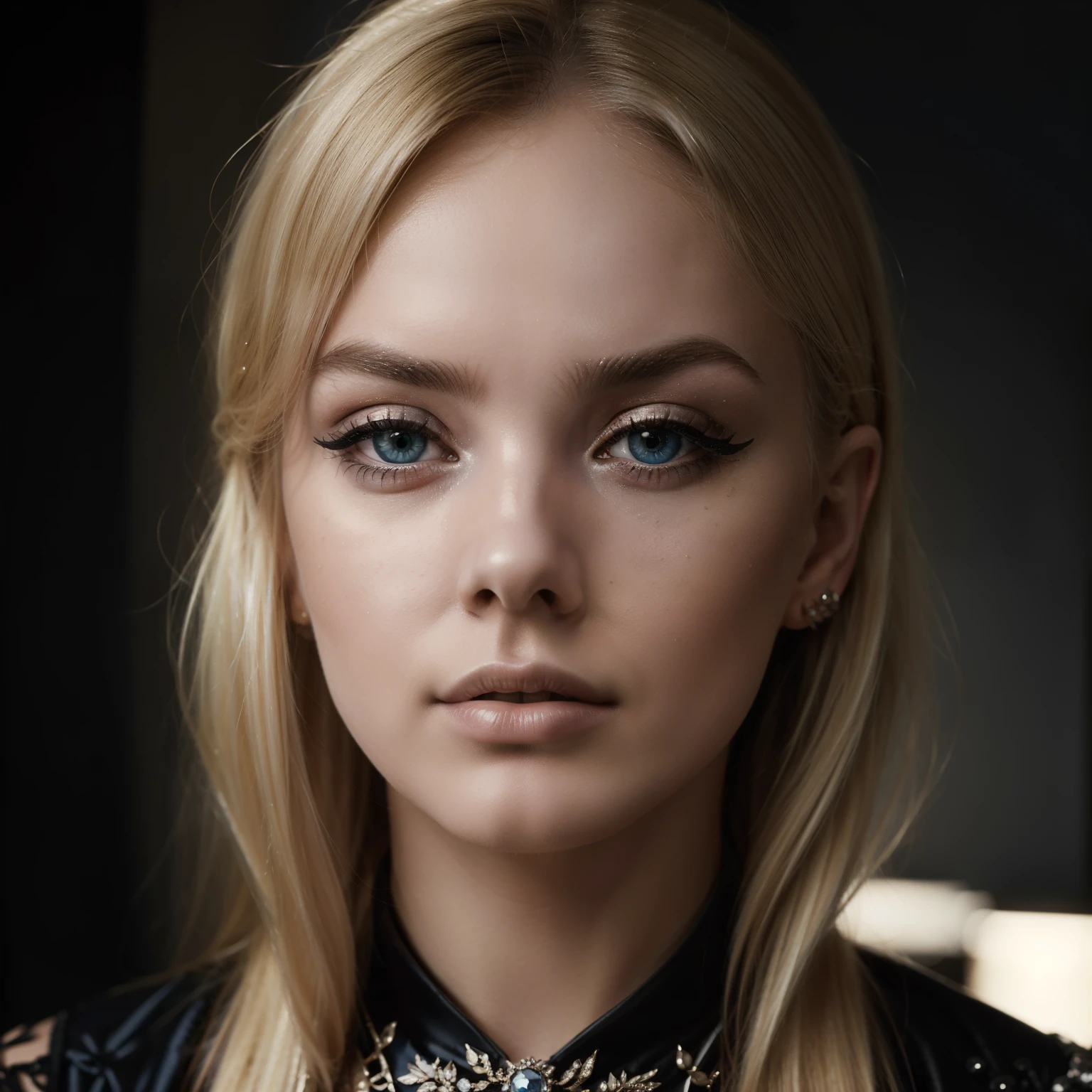(Masterpiece: 1.1), Stunning portrait of Bilie Eilish, 18 years old, with unique blue eyes and blonde hair, quirky and expressive face, closed mouth, intricate details, shallow depth of field, highly detailed, high budget, epically captivating, award-winning, professional, with a textured complexion (blush: 0.7), (goosebumps: 0.3), vintage fashion style, mysterious aura, statement outfits, shimmering jewels, bold makeup, edgy accessories. (Best quality, Ultra-detailed: 1.5), Film noir inspired lighting, dramatic contrasts, mon