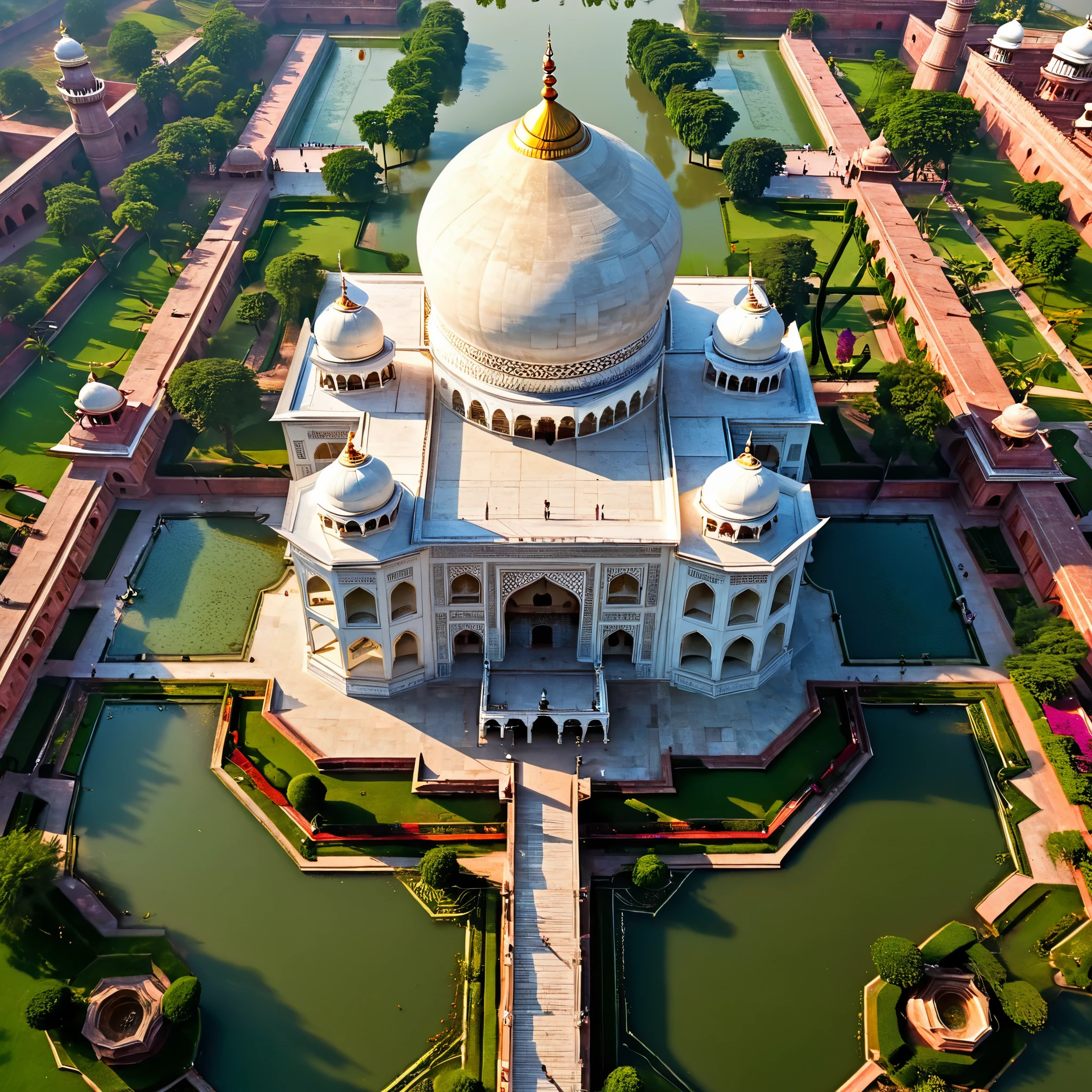 (best quality,4k,highres),detailed,Aerial view,Taj Mahal,beautiful architecture,marble masterpiece,fine carvings,impressive symmetry,grand scale,elaborate domes,ornate minarets,reflections in the water,gorgeous gardens,serene atmosphere,colorful flowers,Mughal empire,mausoleum,iconic landmark,timeless beauty,UNESCO World Heritage Site,Indian art and culture,peaceful setting,divine beauty