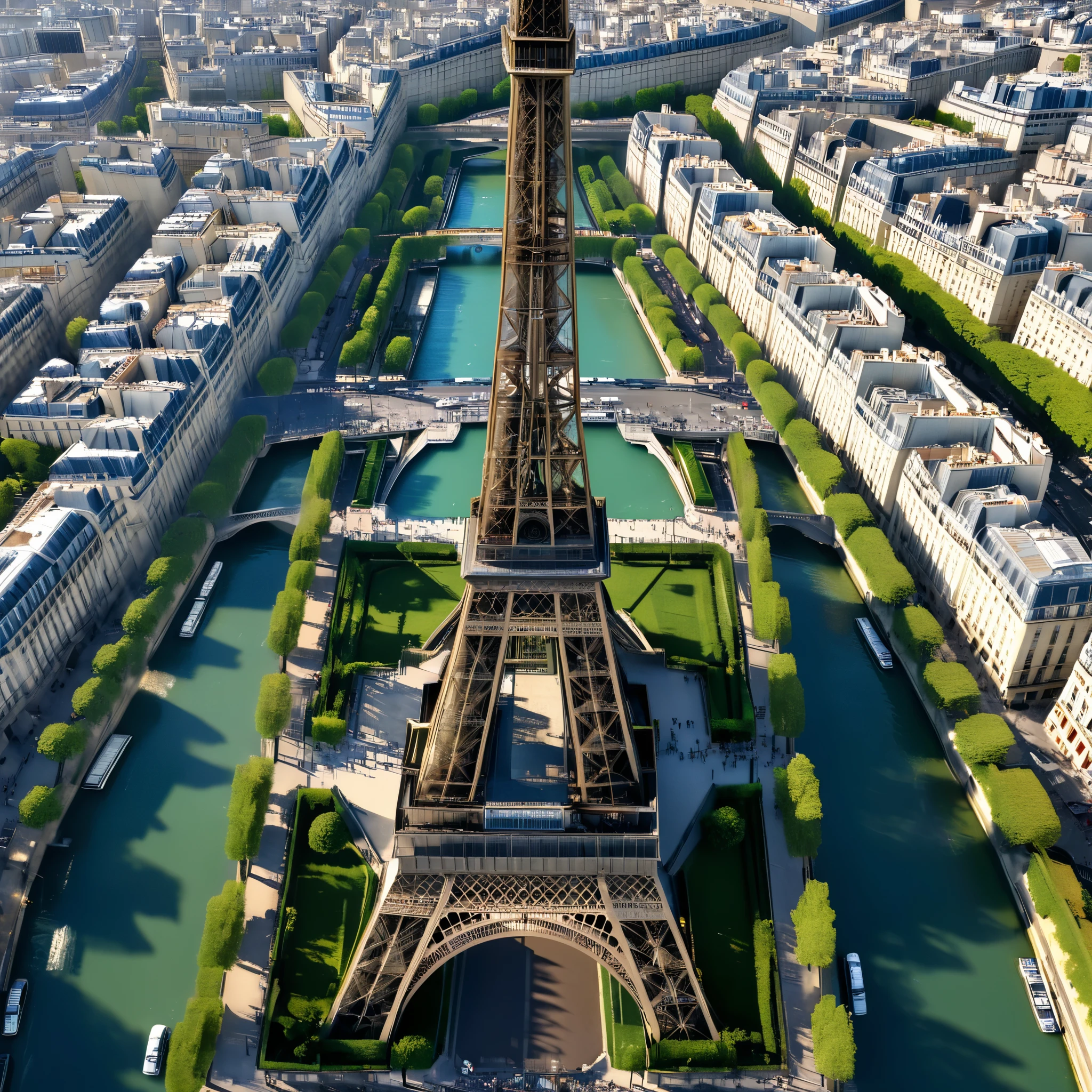 (best quality,4k,8k,highres,masterpiece:1.2),ultra-detailed,(realistic,photorealistic,photo-realistic:1.37),Eiffel Tower from above,Paris,France,beautiful cityscape,iconic landmark,tall iron lattice structure,great architectural feat,glistening metal structure,awe-inspiring height,extremely detailed architecture,Eiffel Tower in perfect perspective,clear blue sky,daytime view,Eiffel Tower standing tall and proud among surrounding buildings,stunning panoramic view,Eiffel Tower dominating the skyline,intricate ironwork,majestic and grand,elegant monument,impressive elevations and angles,breathtaking aerial shot,millions of visitors in the foreground,people enjoying the view and taking photos,seagulls flying around the tower,peaceful atmosphere,serene environment,spectacular vista,postcard-worthy scene,highly enriched colors,subtle shadowing to enhance depth,soft sunlight casting gentle glow,overlooking the city of love,romantic setting,mesmerizing charm,Europe's most visited landmark,Parisian beauty,immersive experience.