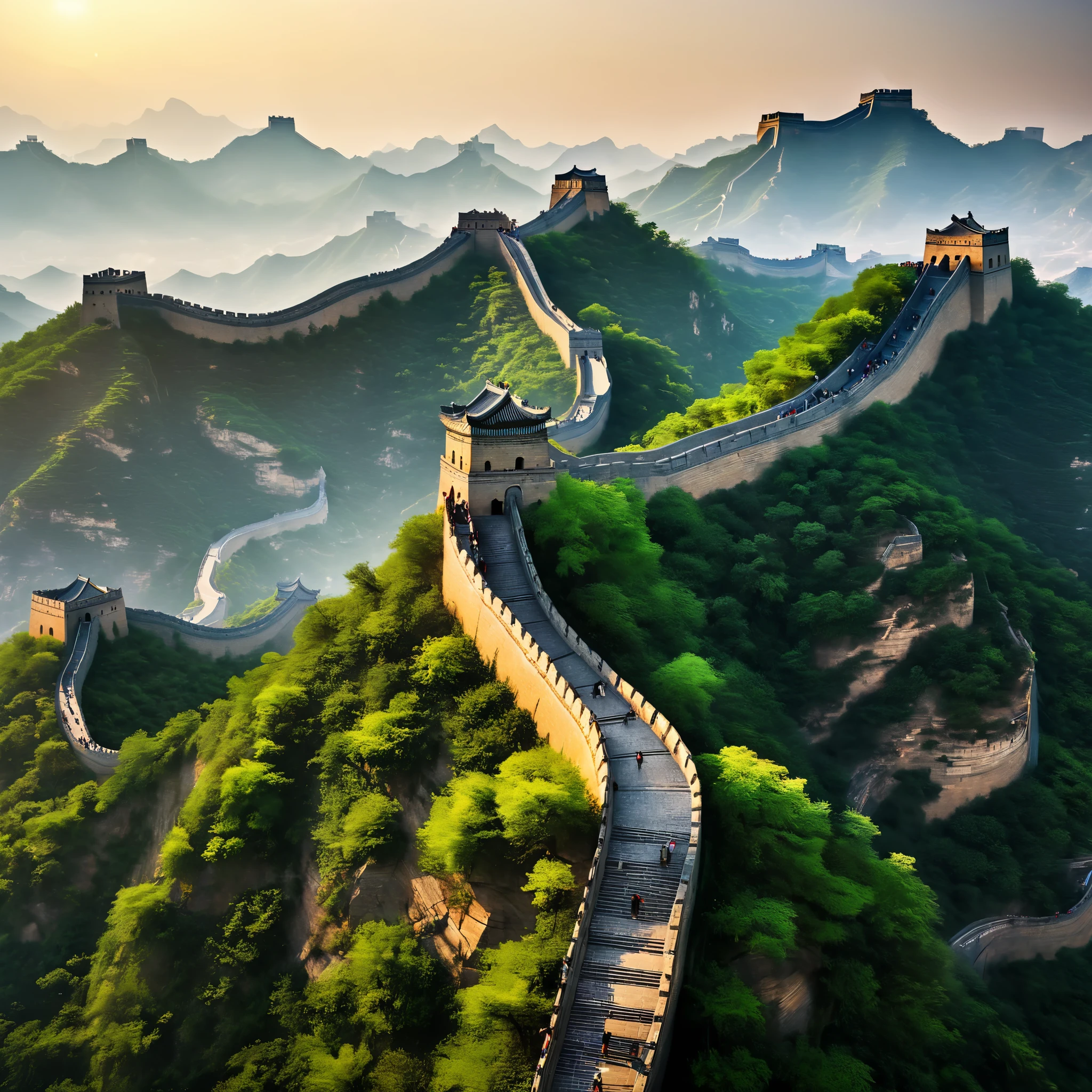 (best quality,4k,8k,highres,masterpiece:1.2),ultra-detailed,(realistic,photorealistic,photo-realistic:1.37),The Great Wall of China,ancient,imposing,grandiose,massive structure,endless,curved,stone fortress,historical landmark. [long and winding], [brickwork], [watchtowers with intricate detailajestic mountain backdrop], [lush green vegetation], [clear blue sky], [golden sunset], [tourists], [impressive scale], [centuries-old history], [cultural heritage], [iconic symbol], [man-made wonder], [symbol of China], [engineering feat], [impressive defensive structure], [drone shots], [breathtaking view], [magnificent architecture], [longest wall in the world], [world heritage site], [crowds of people], [historical significance], [sense of adventure], [awe-inspiring landscape], [remarkable engineering], [UNESCO], [marvel of human achievement], [timeless masterpiece], [iconic destination], [age-old monument], [remains of the past], [fascinating cultural site], [epic structure], [everlasting legacy]