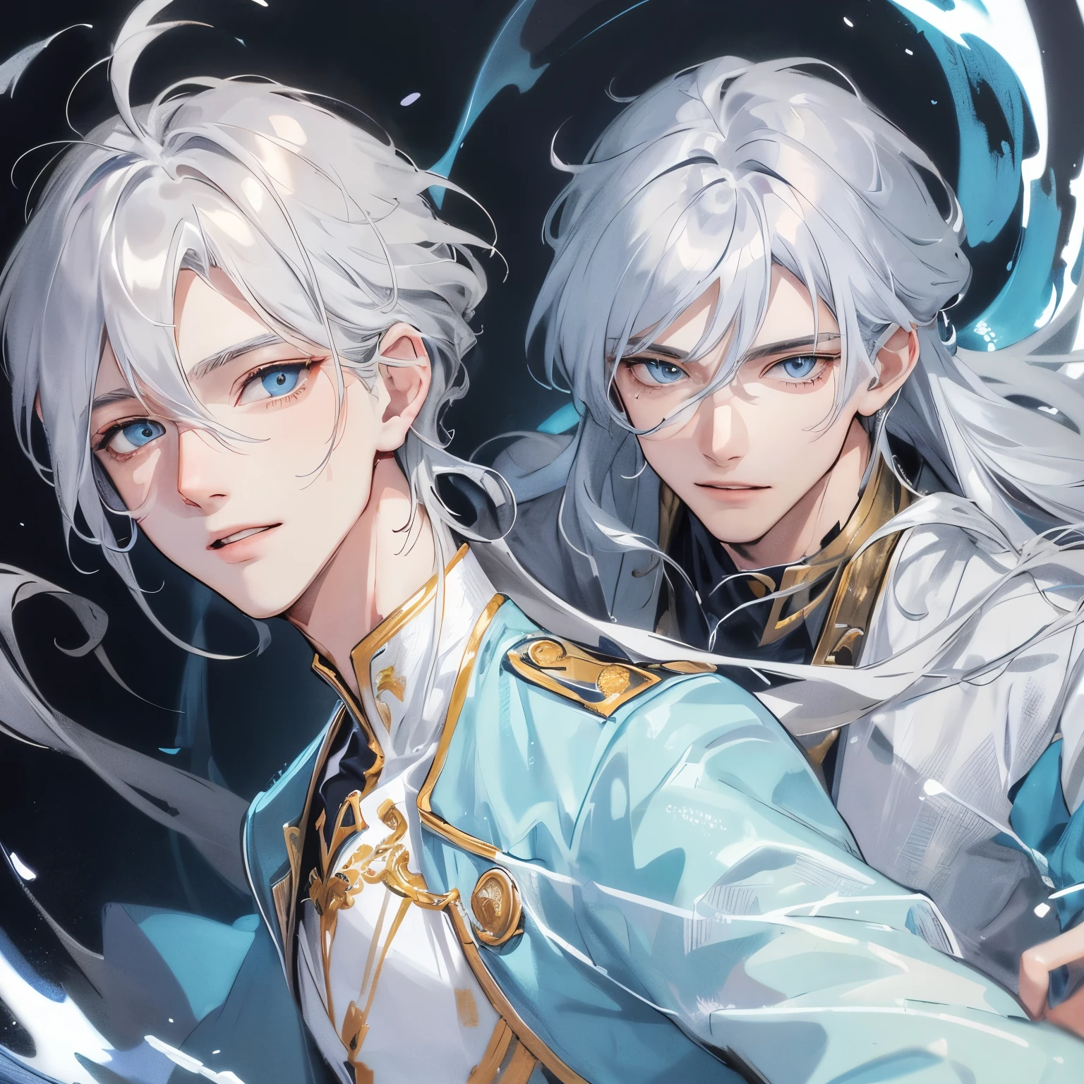 An illustration of a young male with long straight silver hair and blue eyes. His features are fresh and vibrant, reflecting the innocence and energy of youth. Despite his silver hair, there's a youthful glow to his complexion, adding to his allure. The illustration is detailed and high-quality, with intricately rendered textures and precise brushstrokes that bring the image to life. The young man's expression is serene and thoughtful, with a gentle smile playing at the corners of his lips. His attire is simple, allowing the focus to remain on his striking silver hair and captivating blue eyes. The background is softly blurred, drawing the viewer's attention to