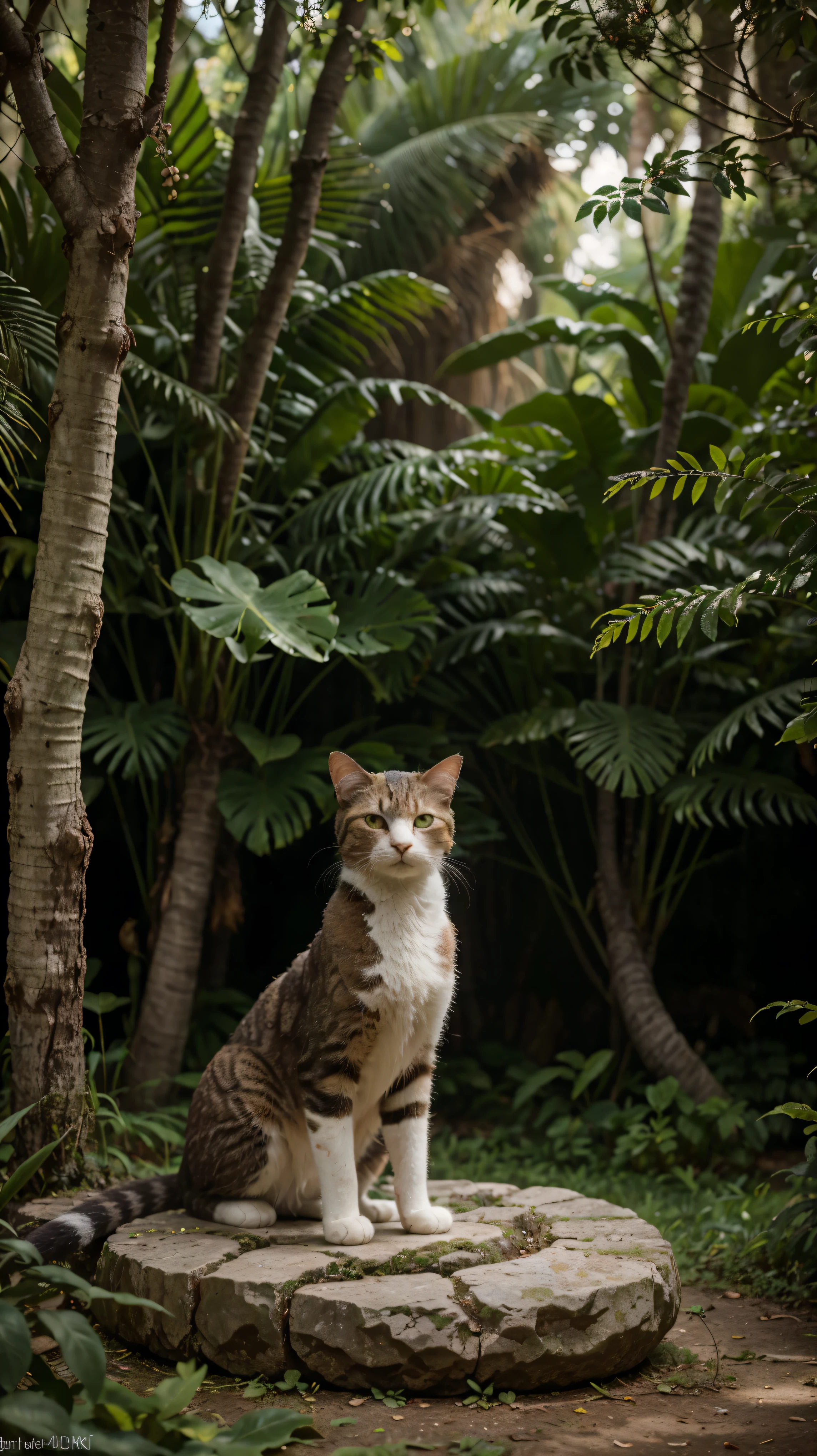 (best quality,4k,8k,highres,masterpiece:1.2),ultra-detailed,(realistic,photorealistic,photo-realistic:1.37),cat relaxing on a stone in an exotic jungle,naturalistic,green foliage,vibrant colors,sunlight filtering through the dense canopy,serene atmosphere,moss-covered stones,ancient tree trunks,gentle breeze rustling the leaves,leaves casting intricate shadows on the ground,endless shades of green,lush vegetation,exquisite texture of the cat's fur,curious expression on the cat's face,intricate patterns on the stone,lianas hanging from the trees,exotic flowers in full bloom,playful butterflies dancing in the air,peaceful solitude,hidden treasures waiting to be discovered.