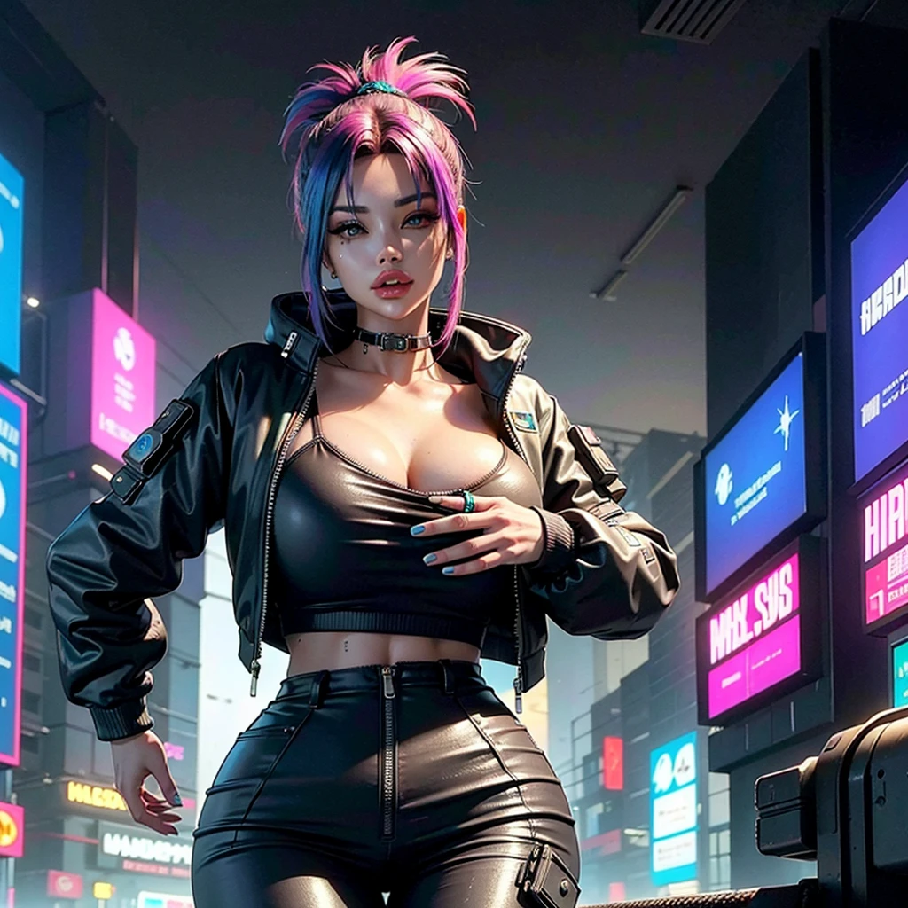 ((Best quality)), ((masterpiece)), (highly detailed:1.3), 3D, beautiful (cyberpunk:1.3) hacker woman with colored hair, black clothes looking at camera
