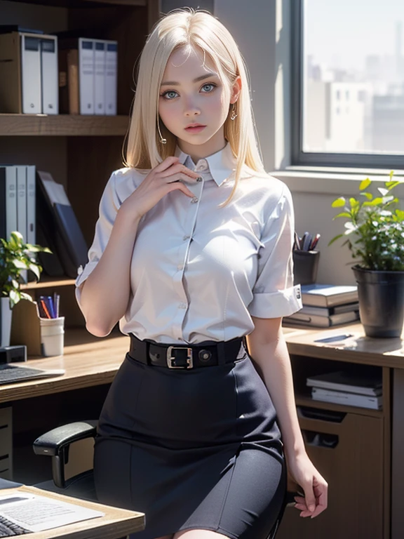 (best quality, 8k, highres, photorealistic:2.0), (solo, one girl:2.0),(lighting: front),(lighting: strong),(ultimate beautiful girl:2.0),(shiny skin),(oily skin),(platinum blonde hair:1.5),(straight hair:2.0),(kind woman:1.5),Blush brown makeup , dark eye makeup , use pink glossy lipstick,(big eyes girl:1.5),(thin woman:1.5),(Photographed in the sophisticated office of an information technology company:1.8),(elite business woman:1.8),(Career woman who can work very well),(I'm so absorbed in work that I don't have a boyfriend),(woman not interested in love),(I'm not interested in fashion),(I wear accessories that do not interfere with my work.),(she has no love experience at all),(she feels alone),(She is not good at talking to men),(she is shy and silent:1.5),(I don't want to stand out and I'm concerned about people's attention),(She has a dark personality and negative thoughts.:1.5),(she suffers from depression),(She has many complexes and has no one to rely on.),(intelligent woman:1.5),(A woman who takes her work seriously),(I'm a little unwell),(I like coffee and drink it all the time),(mentally unstable),(I have a hard time with insomnia.),(unpopular woman),(unconfident:1.5),(want pure love),(plain and introverted woman:1.3),(She has a hobby that she cannot tell anyone about, and that is masturbation),(she is pure:1.5),(Prefer clothes suitable for office work:1.5),(A woman whose life is difficult),(A woman exhausted from long working hours),(woman's sex appeal),(A sweet smelling perfume from her),(She ends up masturbating in the office while working overtime late at night),(She doesn't want people to know about her lewd sexuality.),(Wearing a tight skirt),