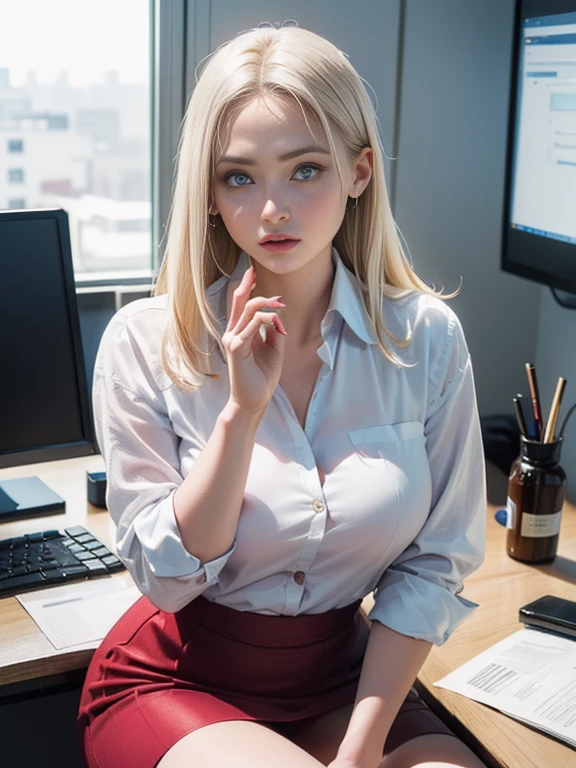 (best quality, 8k, highres, photorealistic:2.0), (solo, one girl:2.0),(lighting: front),(lighting: strong),(ultimate beautiful girl:2.0),(shiny skin),(oily skin),(platinum blonde hair:1.5),(straight hair:2.0),(kind woman:1.5),Blush brown makeup , dark eye makeup , use pink glossy lipstick,(big eyes girl:1.5),(thin woman:1.5),(Photographed in the sophisticated office of an information technology company:1.8),(elite business woman:1.8),(Career woman who can work very well),(I'm so absorbed in work that I don't have a boyfriend),(woman not interested in love),(I'm not interested in fashion),(I wear accessories that do not interfere with my work.),(she has no love experience at all),(she feels alone),(She is not good at talking to men),(she is shy and silent:1.5),(I don't want to stand out and I'm concerned about people's attention),(She has a dark personality and negative thoughts.:1.5),(she suffers from depression),(She has many complexes and has no one to rely on.),(intelligent woman:1.5),(A woman who takes her work seriously),(I'm a little unwell),(I like coffee and drink it all the time),(mentally unstable),(I have a hard time with insomnia.),(unpopular woman),(unconfident:1.5),(want pure love),(plain and introverted woman:1.3),(She has a hobby that she cannot tell anyone about, and that is masturbation),(she is pure:1.5),(Prefer clothes suitable for office work:1.5),(A woman whose life is difficult),(A woman exhausted from long working hours),(woman's sex appeal),(A sweet smelling perfume from her),(She ends up masturbating in the office while working overtime late at night),(She doesn't want people to know about her lewd sexuality.),(Wearing a tight skirt),
