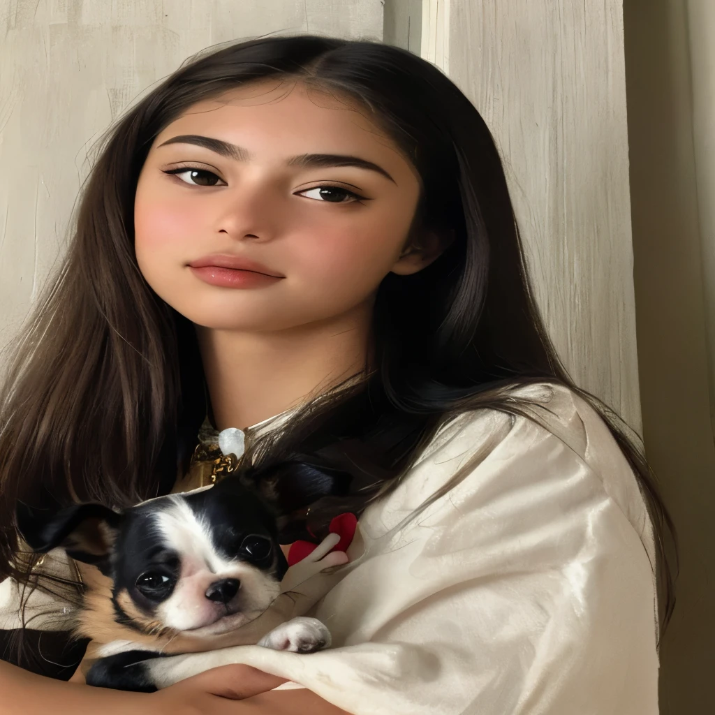 Araffe woman holding a small dog in her arms., Violeta Myers, cerveza madison, Retrato de Sophie Mudd, bella poarch, Kailee Mandel, ariana marca, 18 years, imagen de muy muy baja calidad, she is approximately 1 6 years old, julia sarda, taken in the early 2020s, cerveza madison girl portrait