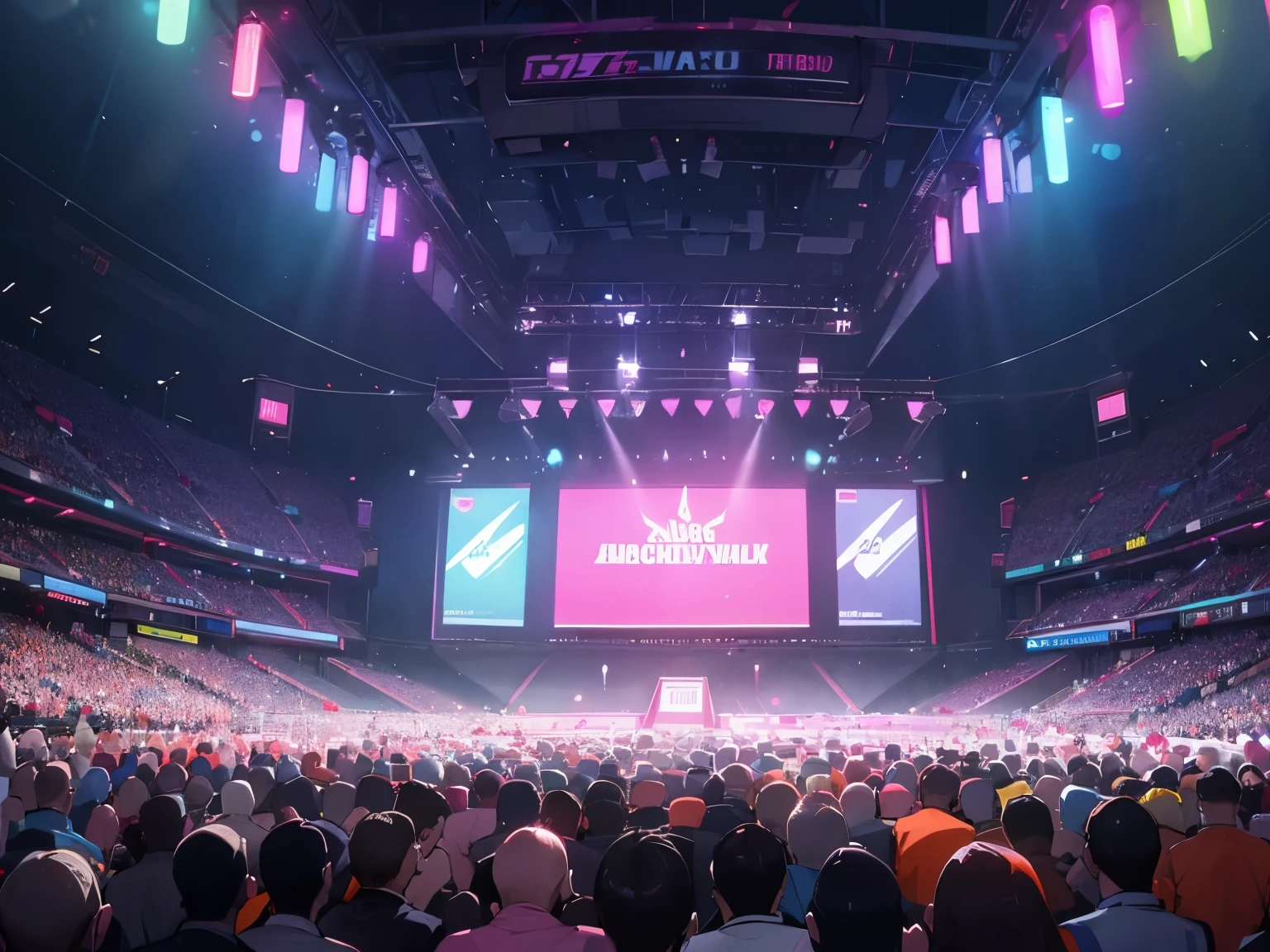 The backdrop melds the pulsating energy of a neon-lit metropolis with the sleek sophistication of a high-end club, seamlessly transitioning into the grandeur of a stadium. In the stands, crowds gather in anticipation, their excitement palpable as they await the start of the event. Neon-lit screens dot the perimeter of the stadium, broadcasting the action to every corner of the venue. The air is charged with energy, a palpable buzz that reverberates through the crowd as they cheer and chant in unison.

Together, the neon lights, club-style ambiance, and stadium design create a captivating backdrop that captures the essence of urban nightlife and the thrill of live entertainment. It's a sensory experience that transports you to the heart of the city's vibrant culture, where the energy never fades and the excitement never wanes.