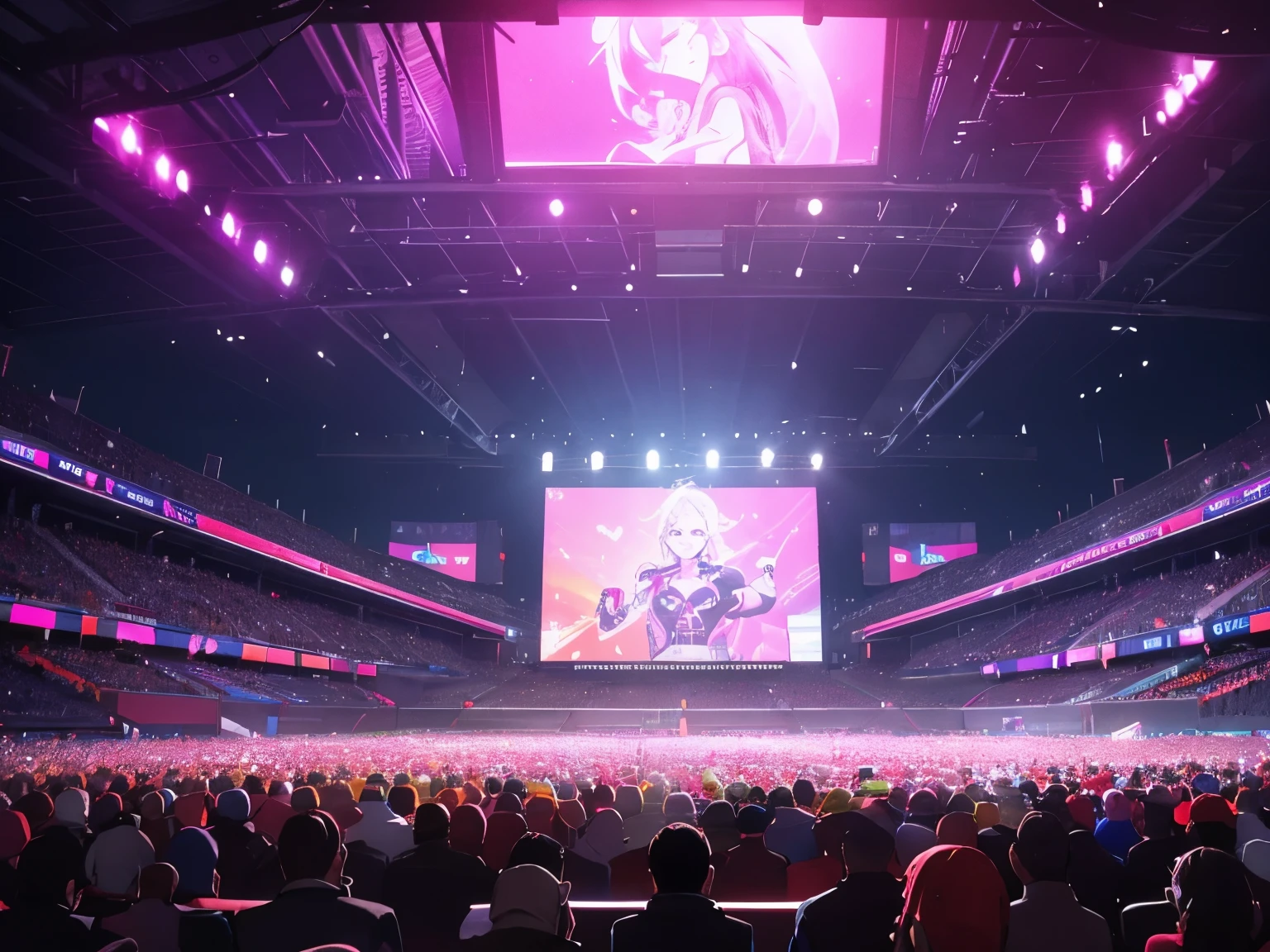The backdrop melds the pulsating energy of a neon-lit metropolis with the sleek sophistication of a high-end club, seamlessly transitioning into the grandeur of a stadium. In the stands, crowds gather in anticipation, their excitement palpable as they await the start of the event. Neon-lit screens dot the perimeter of the stadium, broadcasting the action to every corner of the venue. The air is charged with energy, a palpable buzz that reverberates through the crowd as they cheer and chant in unison.
Together, the neon lights, club-style ambiance, and stadium design create a captivating backdrop that captures the essence of urban nightlife and the thrill of live entertainment. It's a sensory experience that transports you to the heart of the city's vibrant culture, where the energy never fades and the excitement never wanes.