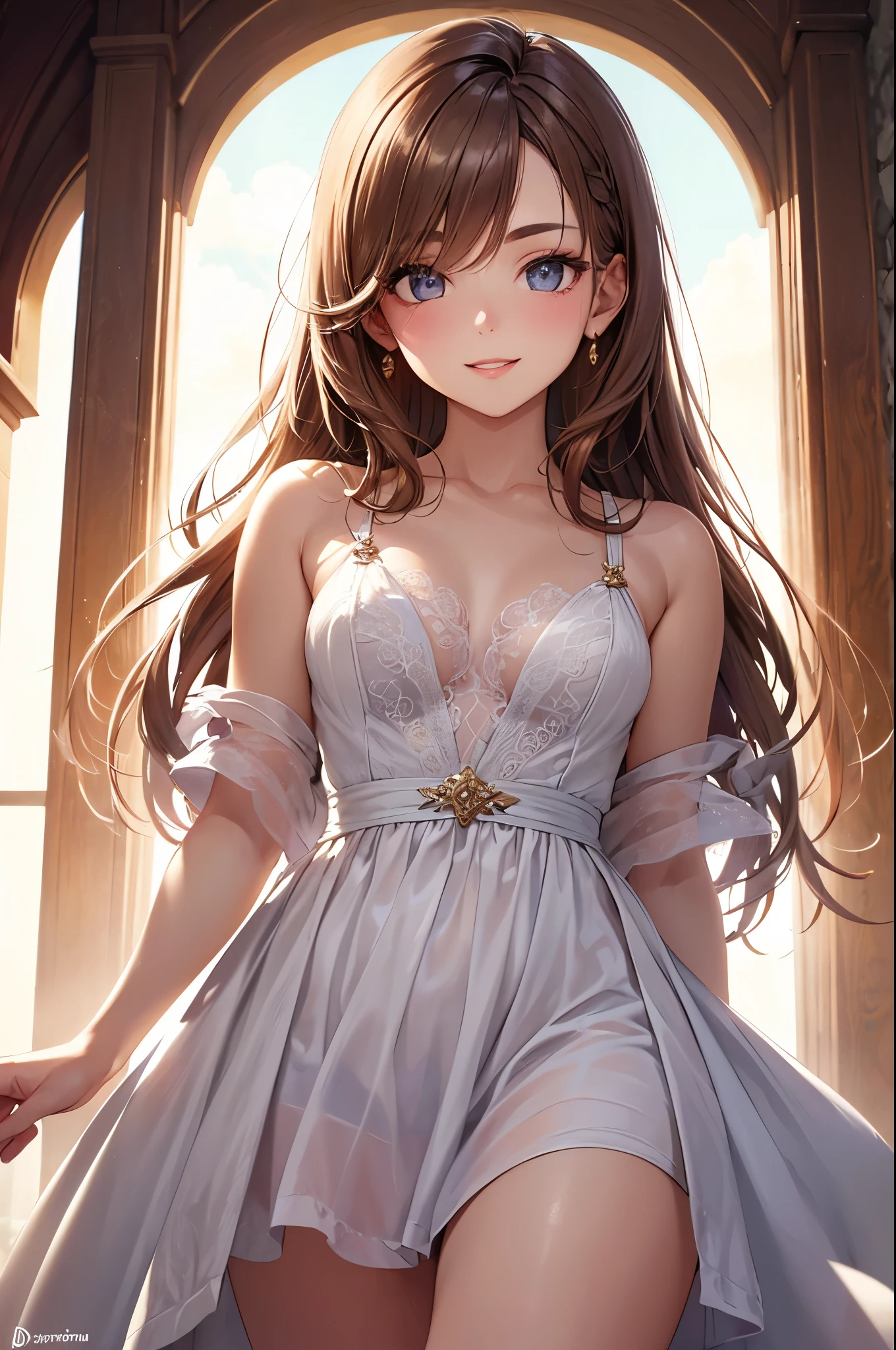 (best quality, high-res, ultra-detailed), portrait, beautiful detailed eyes, (dropping eyes), detailed lips, flawless skin, expressive eyebrows, defined cheekbones, intricate facial features, long eyelashes, captivating gaze, radiant smile, natural makeup, glowing complexion, youthful appearance, stunning beauty, vibrant colors, delicate brushstrokes, soft and warm lighting, subtle shadows, dreamy atmosphere, bokeh effect, elegant spring dress, confident and happy expression, short stylish hairdo, sophisticated and modern look. (cowboy shot), legs