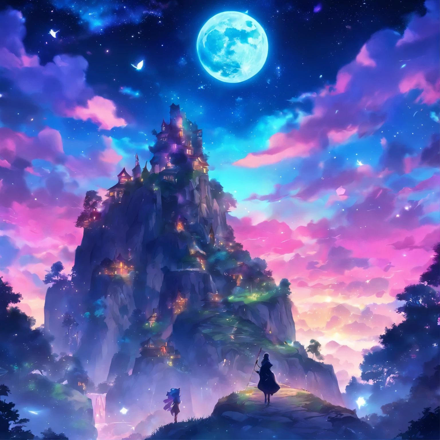 Fantasy-Elfenwelt,Der Mond schwebt nachts hoch,Galaxien schweben hoch,Meteore flogen,Niedliches Elfenpilzhaus,Sehr detailiert,Tendenz,Bunte junge Elfenfrau sitzt auf einem Stein