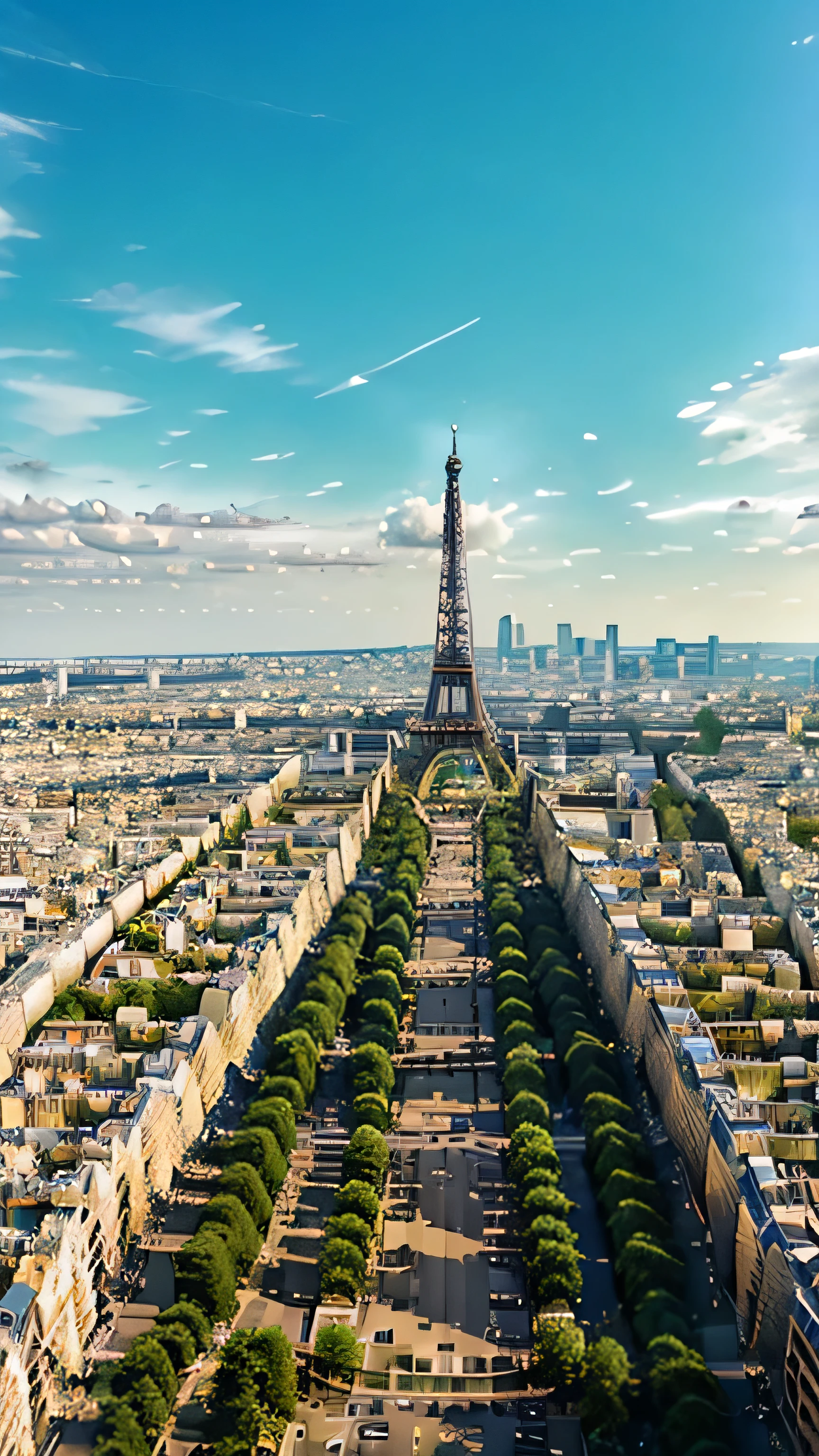 aerial view in Paris: Eiffel Tower, Avenue des Champs-Élysées, Louvre Museum, Arc de Triomphe (realistic and bright colors, ultra-detailed, 16K, photography, sharp photography, photo detail, bokeh, detailed pixel). 