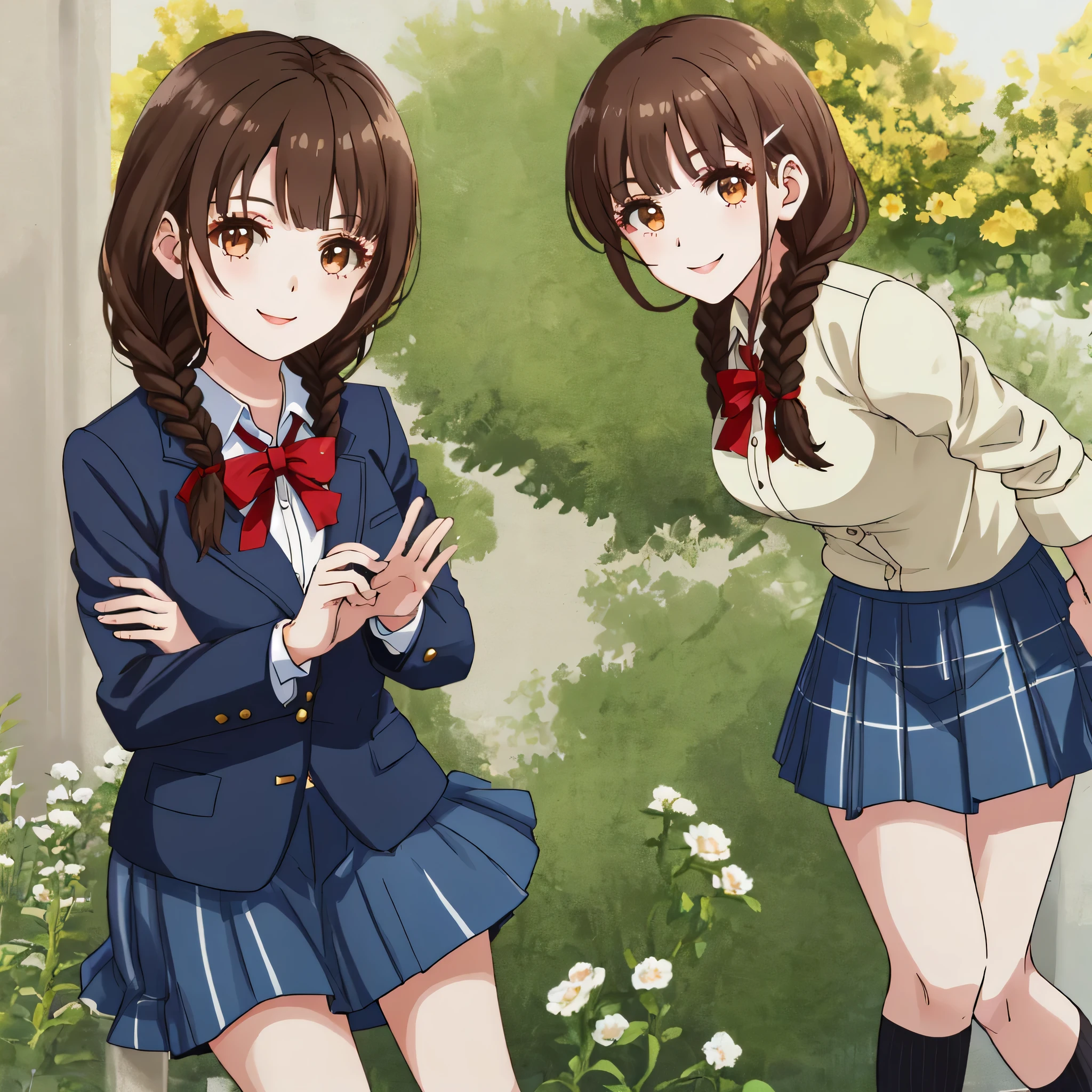 highest quality, (masterpiece:1.2), very detailed, Standing figure of a girl looking and smiling, Glossy lips that make you want to kiss, nice smile, brown eyes, (((dark brown hair))), , long braids, big shiny hair clip, school uniform, Dark blue and navy plaid skirt, middle long skirt, white shirt, Luxurious navy blazer with a golden patch on the left chest, big school ribbon tie, very shiny hair、laughter、bright look、Your face and hair shine in the light, The corners of the eyes are drooping, Cute braids, I&#39;m so happy I can jump up, The expression of a maiden in love, (((Twin braided hair))), The long skirt fabric has a beautiful deep blue checkered pattern.., A gentle and cute expression staring at the viewer, double eyelid, ((long eyelashey lower eyelashes are also long)) ((Knees are hidden by skirt)), pure white background