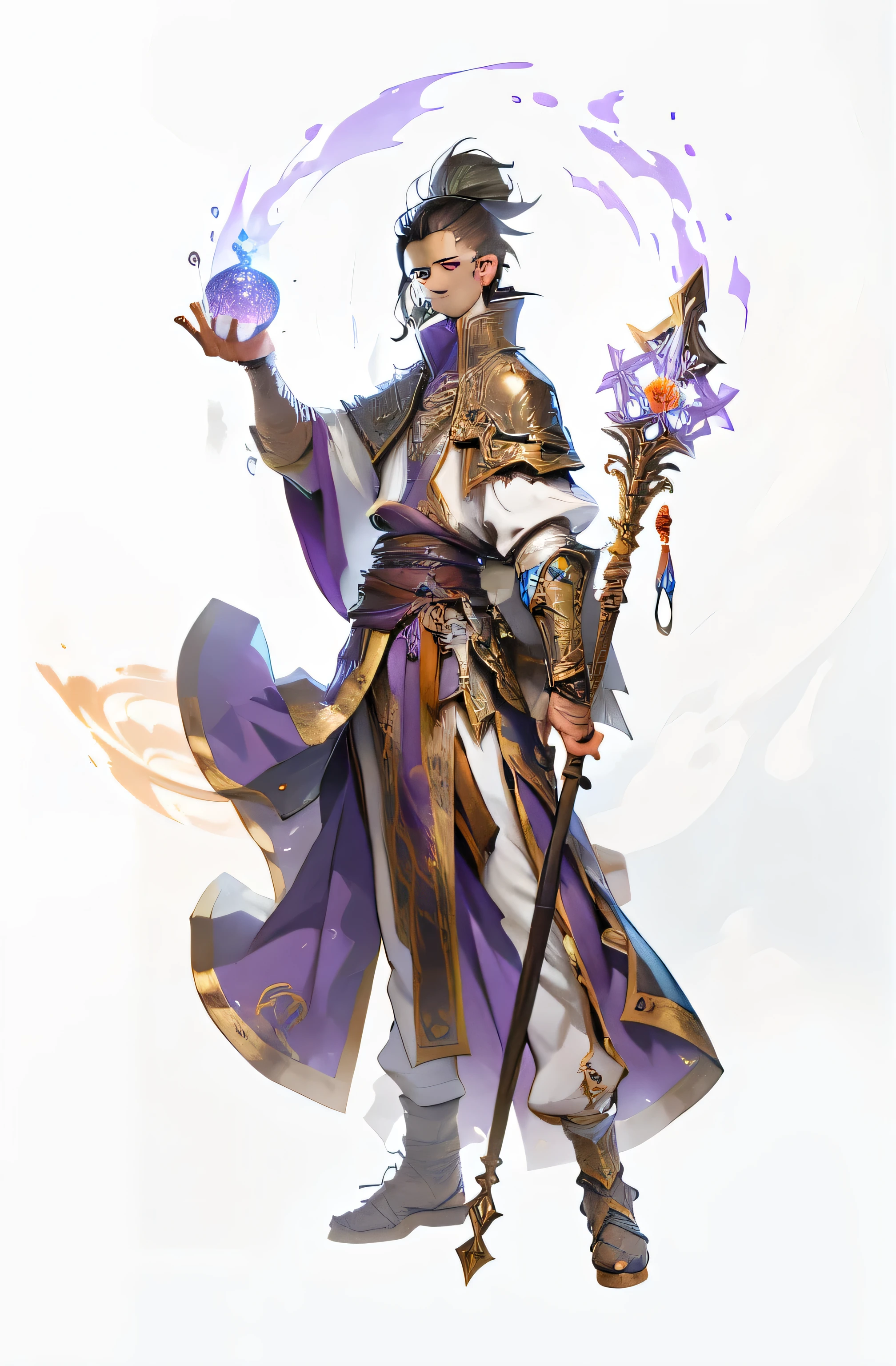 uma imagem estilo video game triple A, realistic of a man in a purple and brown robe holding a staff, mago ragnarok on-line, personagem de ragnarok online, foto de um bruxo masculino, retrato completo do elementalista, arte deus da guerra, arte oficial do personagem, Ragnarok, mago masculino magro, full portrait of the magician, bruxo de fantasia masculino magro, Conceito de Arte, Realismo, real traits, ator, Dungeons and Dragons