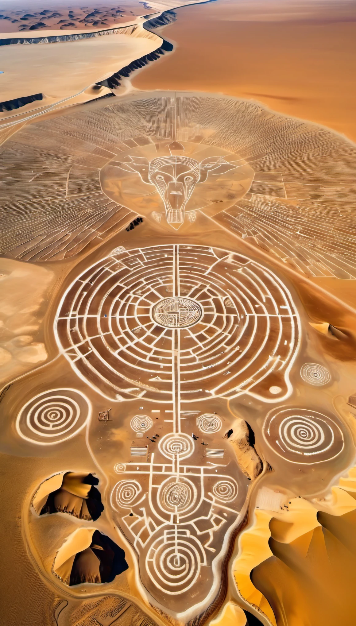 Aerial View/Aerial View, Nazca Giant Painting, Nazca Lines, In the Gulf of Paracas, Peru, a view of the land of Nazca from a height of thousands of meters reveals, to one's amazement, the portrait of a man in this desolate, barren land: he stares with his eyes wide open, right hand outstretched, On this land that stretches for 46 kilometers,In addition to nearly a hundred geometric figures,There are also some strangely shaped animal patterns scattered around,bird pattern