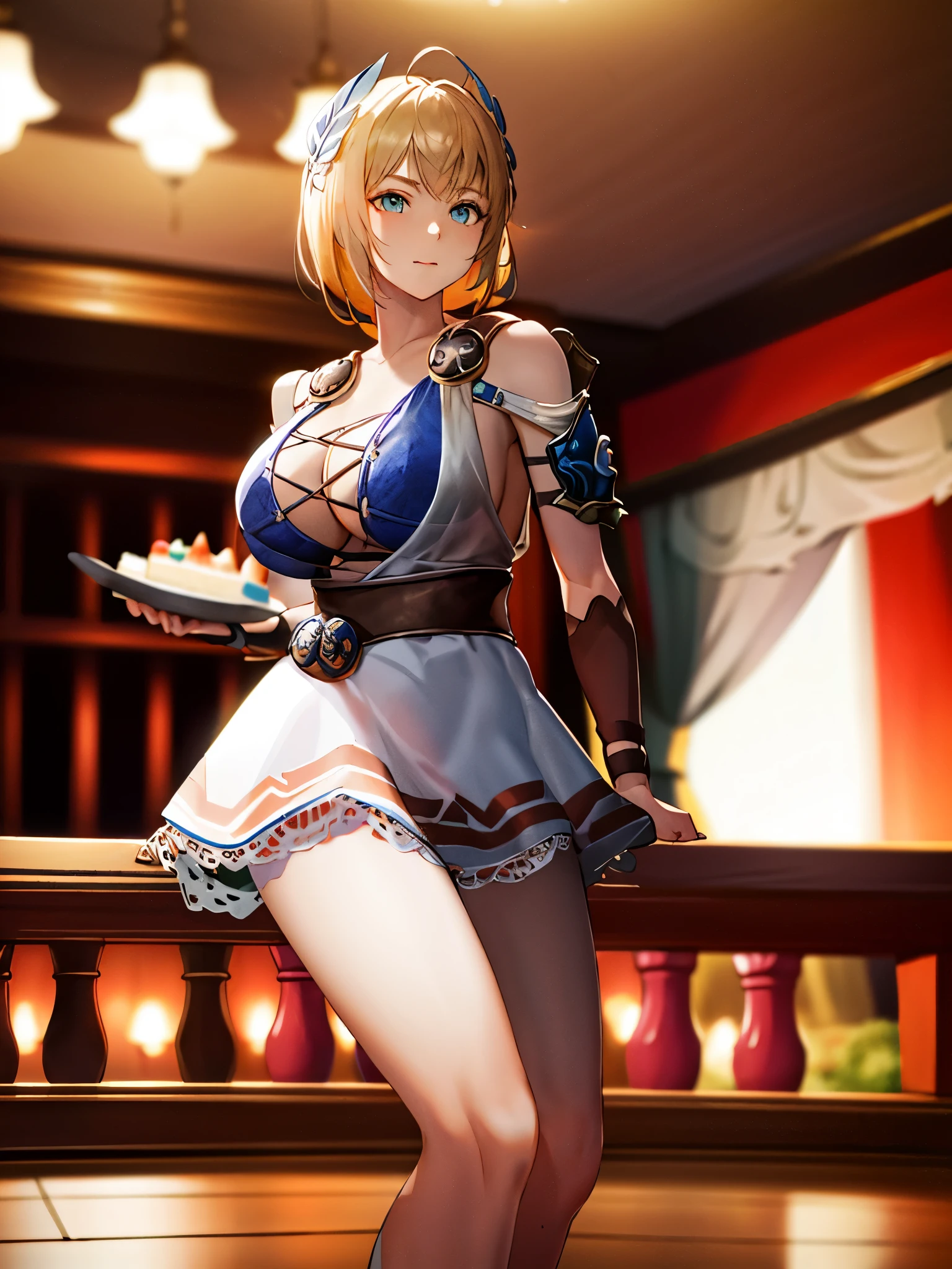 masterpiece, highest quality, Sophitia Alexandre,birthday,birthday cake,inside the house,light blue sleeveless,mini skirt,