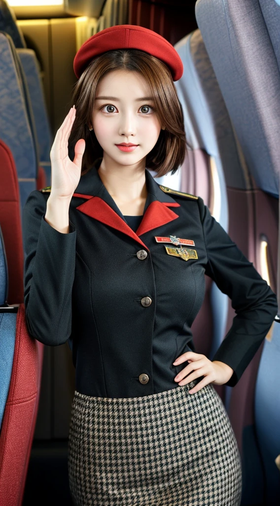 Woman in her 20s，（Perfect face），contoured jawline，Beautiful lips，（Beautiful bright black eyes），（with short brown hair,），（Red long sleeve flight attendant uniform），（Red Garrison Cap），Salute posture，looking looking at viewer，huge tit、toned buttockedium lens photography），（Interior background of aircraft cabin），Photorealsitic