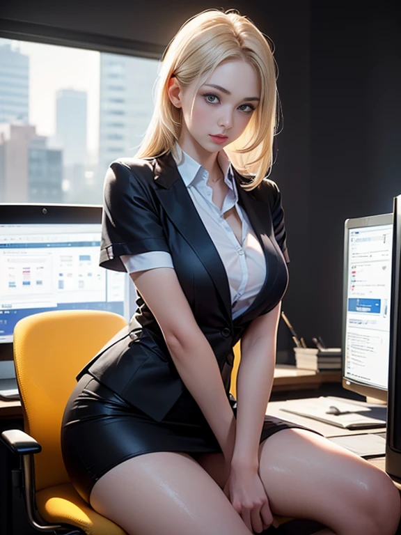 1girl, (Blue Eyes), (smiling :1.2), (Sana Minatozaki), (wide hips), Big tits, (big ass), (thin waist: 1.2), (thick and toned thighs :1.1), (Best Quality, 8k, Masterpiece: 1.3), Clear Focus: 1.2, Perfect Body Beauty: 1.4, strong abs, Highly detailed face and skin texture, detailed eyes, double eyelids, (blonde long straight hair), (white unbuttoned shirt :1.2), (black secretary skirt :1.3), (pump :1.2), standing, dynamic pose, in an office, desks with computers in the background, blurred background