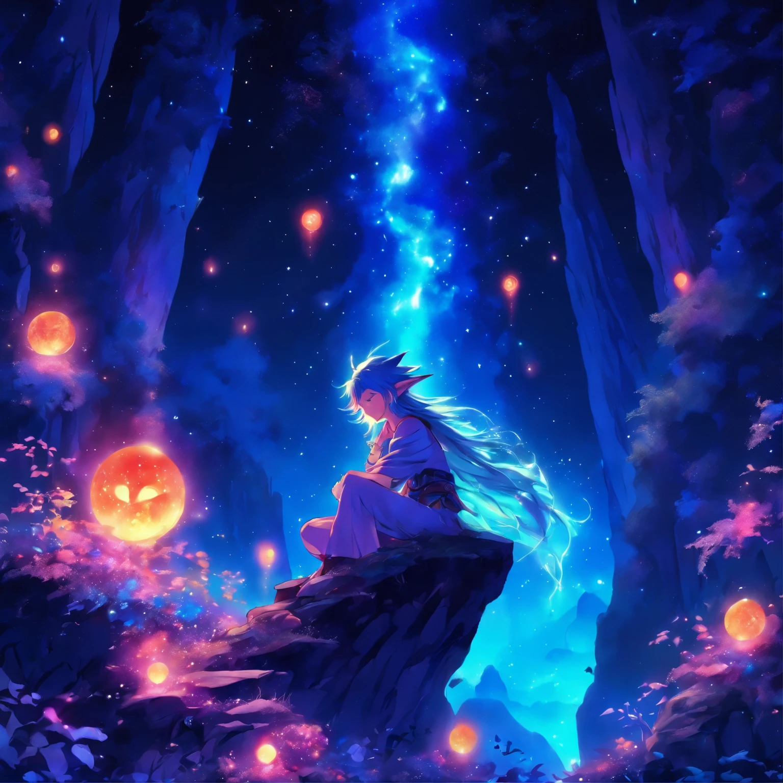 Fantasy-Elfenwelt,Der Mond schwebt nachts hoch,Galaxien schweben hoch,Meteore flogen,Niedliches Elfenpilzhaus,Sehr detailiert,Tendenz,Bunte junge Elfenfrau sitzt auf einem Stein