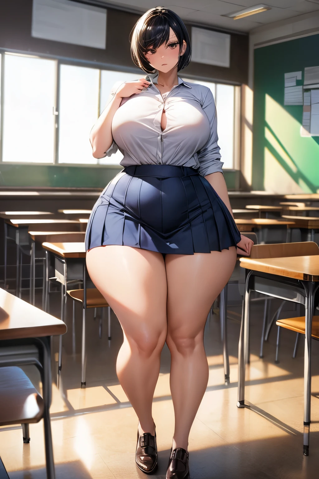 Solo highest quality, masterpiece, Very detailed CG, Highly detailed 8k wallpaper, indoor, classroom, masterpiece, highest quality, extreme details, plus size model, plump thighs,plump legs,sharp focus, intricate details, 1 girl, huge breasts, High resolution, white school shirt, navy blue skirt, 8k, Tomboy, black hair, brown eyes, woman, Fair skin, sensual, short black hair, high high school girl, Are standing, hourglass illustration, cool face, short hair, sharp and cool face, calm expression, Fair skin, quite tall, full body shot, , high school girl, white shirt, brown eyes, Didn't&#39;Write, cross your arms underneath(huge breasts 1.8)