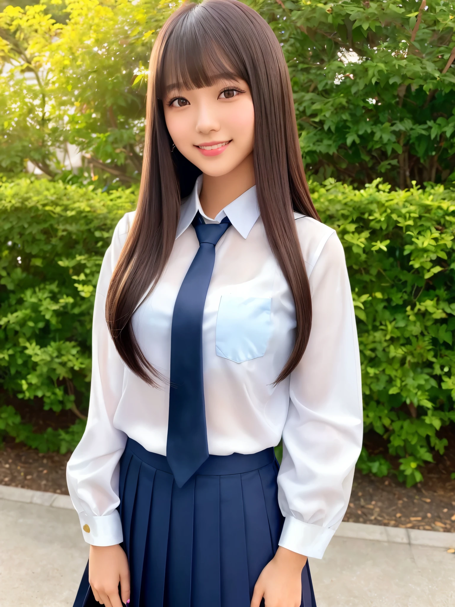 product quality, 1girl, upper body shot, front view, a Japanese young pretty girl, long bob hair, standing with a big smile in fronte a crowded gate of a high school, glamorous figure, wearing a white collared shiny satin shirt of long sleeves, shiny satin dark blue plain long tie, dark blue pleated long skirt, school bag over her shoulder, hyper cute face, glossy lips, double eyelids in both eyes, natural makeup, long eyelashes, shiny smooth light brown long bob hair, asymmetrical bangs, a tanned skin, central image, high resolution, high detail, detailed hairstyle, detailed face, spectacular cinematic lighting, octane rendering, vibrant, hyper realistic, perfect limbs, perfect anatomy