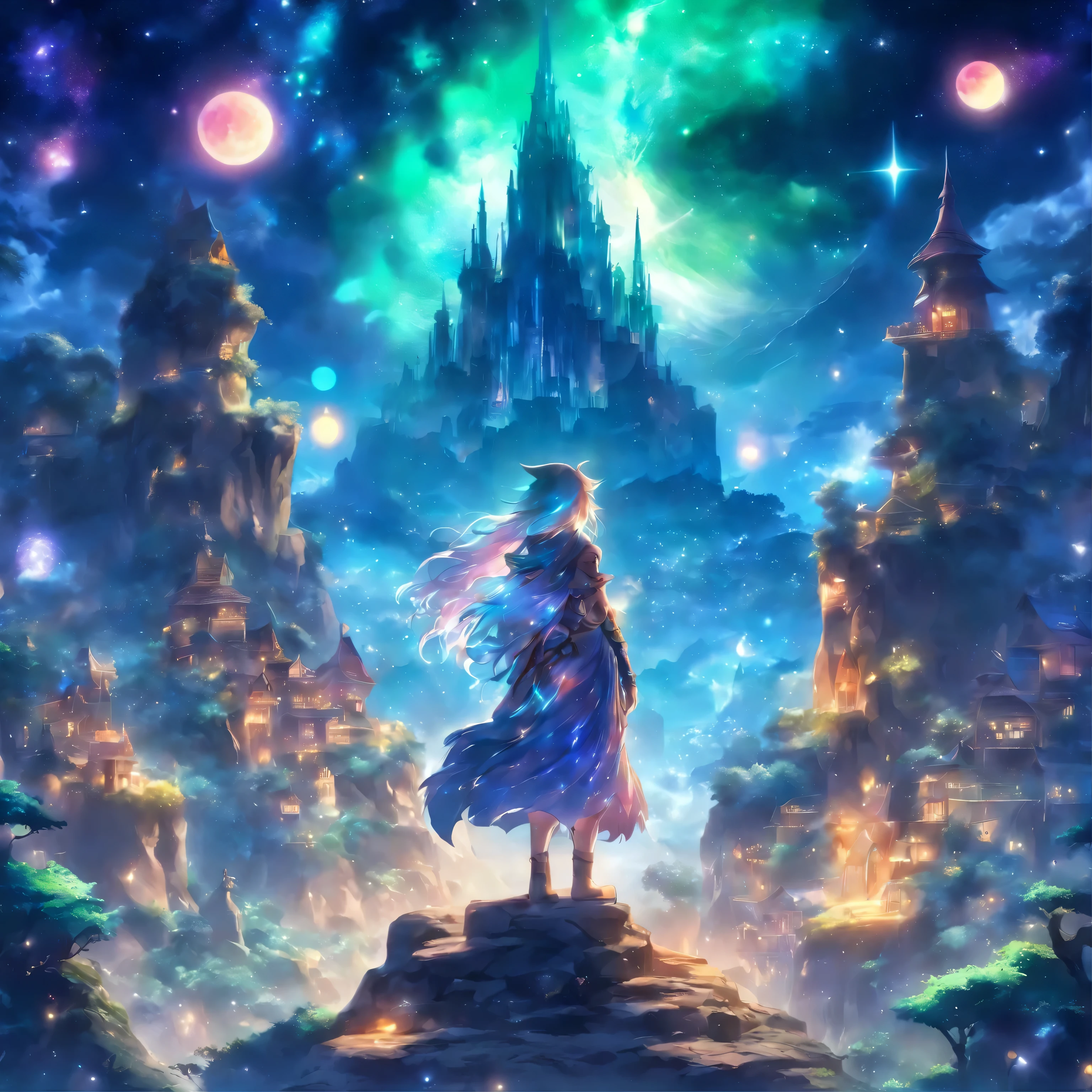 Fantasy-Elfenwelt,Der Mond schwebt nachts hoch,Galaxien schweben hoch,Meteore flogen,Niedliches Elfenpilzhaus,Sehr detailiert,Tendenz,Bunte junge Elfenfrau sitzt auf einem Stein