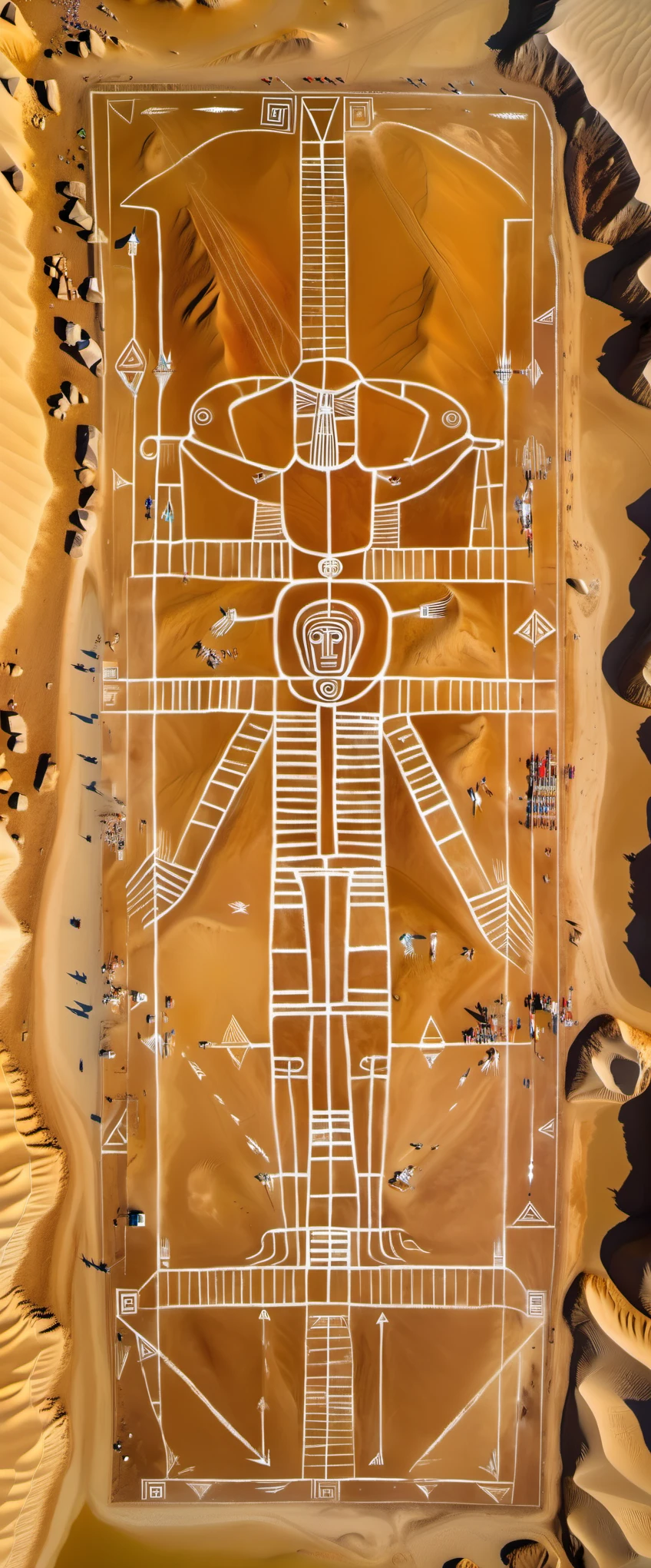 Aerial View/Aerial View, Nazca Giant Paintings, Nazca Lines, In the Gulf of Paracas, Peru, looking down on the land of Nazca from a height of thousands of meters, one is amazed to find, in this desolate, barren land, a portrait of a man: he is staring with his eyes, his right hand outstretched, and his feet are covered with heavy boots. In addition, there are paintings of various geometric shapes: straight lines, crossed lines, rectangles, and triangles.