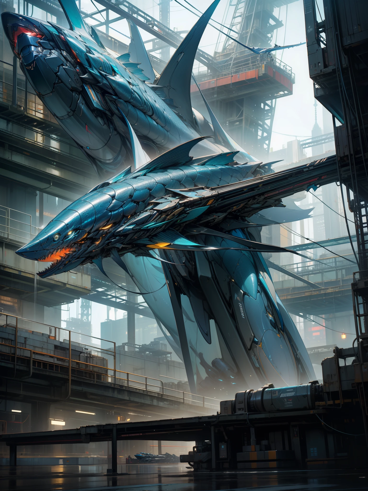 In the heart of a neon-lit Cyberpunk metropolis, a lone figure stands among the towering structures, a mechanical marvel of cybernetic engineering at his side. The fish-inspired robot, designed in the image of a Marlin, glows with an ethereal blue light, its sleek form an ode to the ocean's most elusive and powerful predator.

Its scales, meticulously crafted from navy-blue alloy, shimmer in the artificial light, reflecting the extremly high detail of its design. The Marlin's dark, mito-infused fins cut through the air with fluid grace, its large, glowing eyes