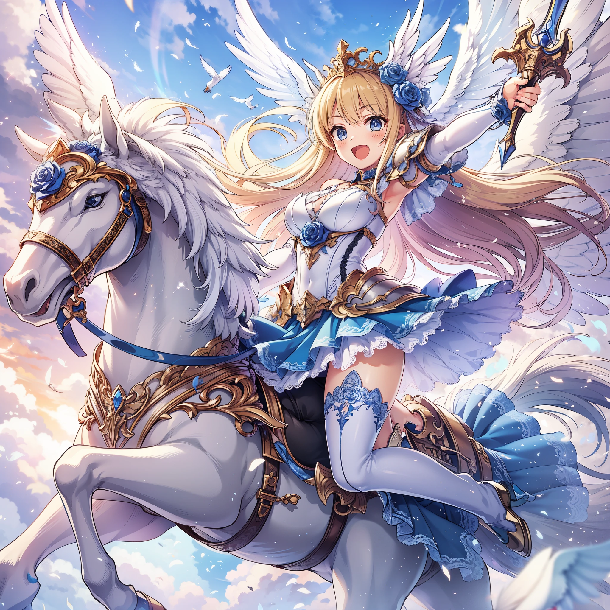 (masterpiece), best quality, 1girl, A beautiful young girl with long blonde hair wearing a blue skirt and white heavy armor, riding on a white Pegasus. The girl raises the sword in her hand and shouts, the Pegasus raises its front feet high in the air, and the Pegasus spreads its white wings in the air. Winged head gear, armor decorated with blue roses, sword decorated with blue roses. Pegasus, winged horse, feathers flying apart. Sacred light, blue sky and clouds, noble and elegant, glittering, fantasy art