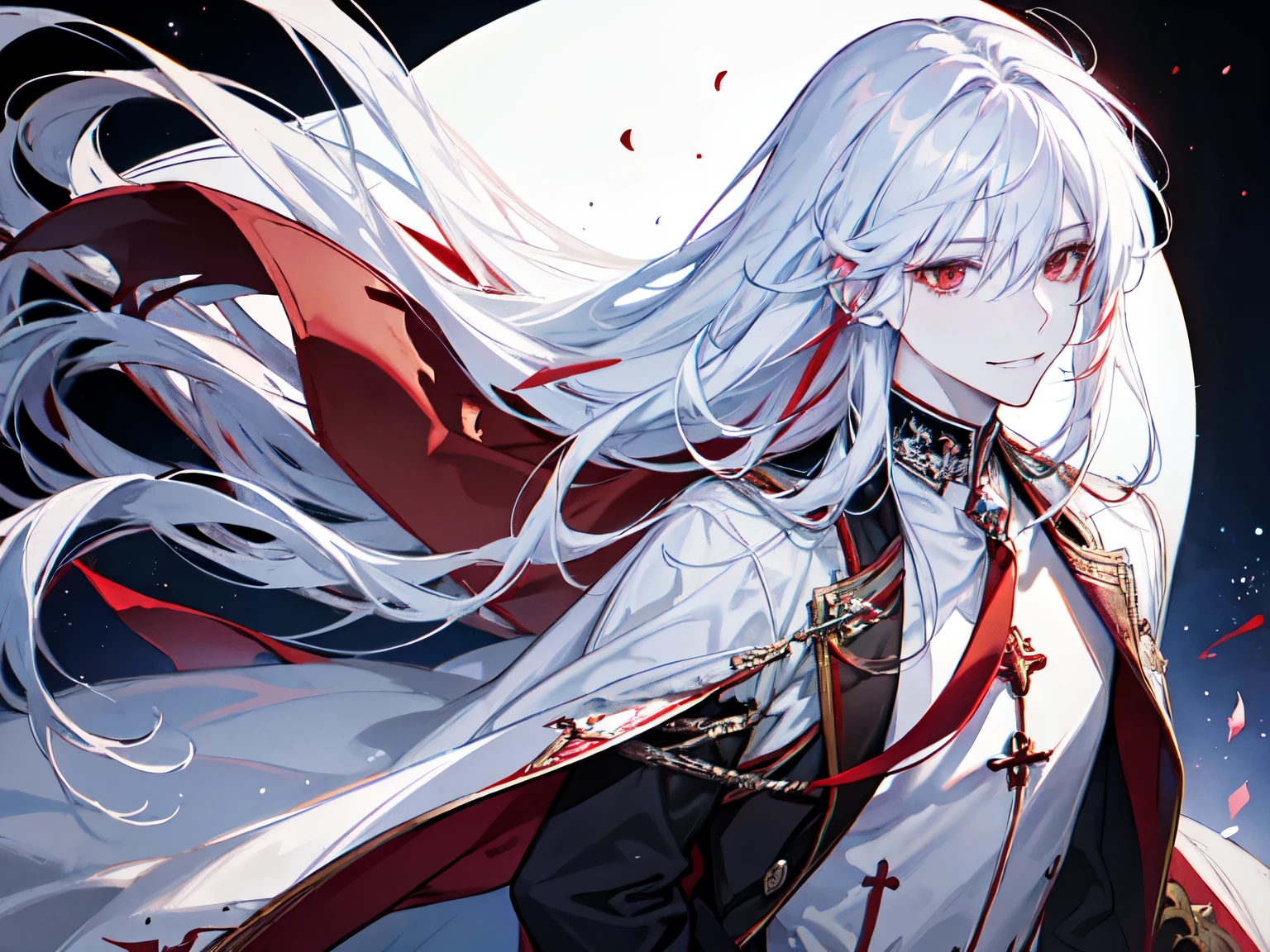 A male is depicted in anime style, red eyes, silver long hair, smiling bashful and blissfully, shy, virtuous, cute, blissful and gentle expression, graceful gesture, wearing white gothic formal style costume, shinny white holy church background, a holy priest vampire, holy aura
