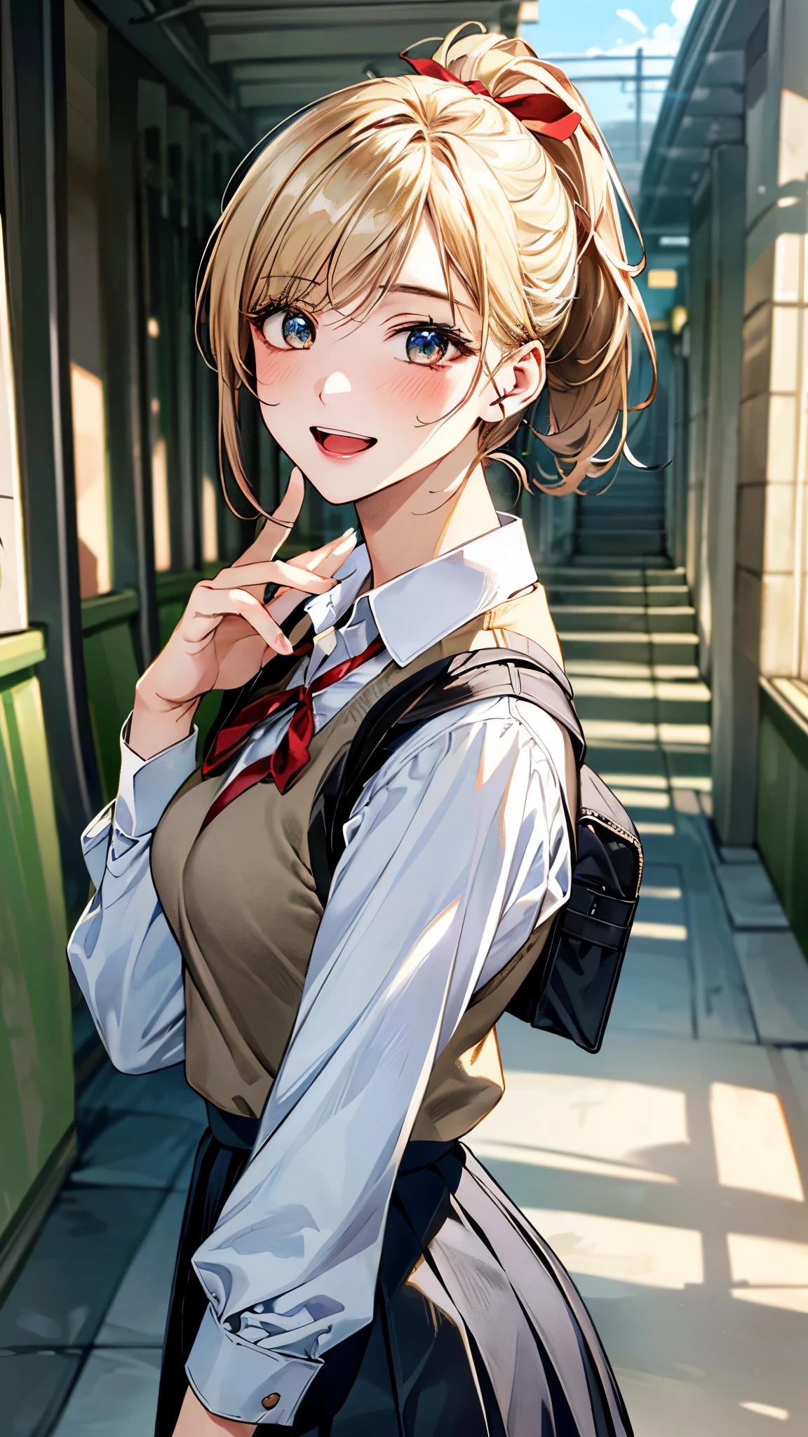 (masterpiece:1.3, top-quality), ultra high res, ultra detailed, (realistic, photorealistic:1.4), beautiful illustration, perfect lighting, colorful, depth of fields, 
looking at viewer, 1 girl, solo, high school girl, perfect face, (perfect anatomy), cute and symmetrical face, baby face, shiny skin, slender
(short hair:1.5, ponytail:1.2, blonde hair), crossed bangs, gold eyes, big eyes, long eye lasher, shiny skin, slender, (large breasts:0.8, large ass, seductive thighs, skindentation),
beautiful hair, beautiful face, extremely detailed face, beautiful detailed eyes, beautiful clavicle, beautiful body, beautiful chest, beautiful thigh, beautiful legs, beautiful fingers, 
(detailed cloth texture, traditional school uniform, collared long sleeve white shirt, school vest, school pleated box skirt, red neck ribbon), light blue hair ribbon, school knapsack, 
(beautiful scenery), evening, (school hallway), walking, (seductive smile, upper eyes, open mouth small), 