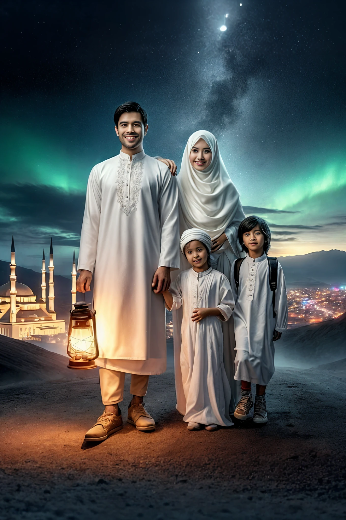 arafed family standing in front of a mosque at night, happy family, profile picture 1024px, family portrait, an indonesian family portrait, muslim, fujifilm”, portrait shot, family photography, high quality portrait, true realistic image, modest, profile picture, high quality image, by Zahari Zograf, dressed thobe, with beautiful mosques