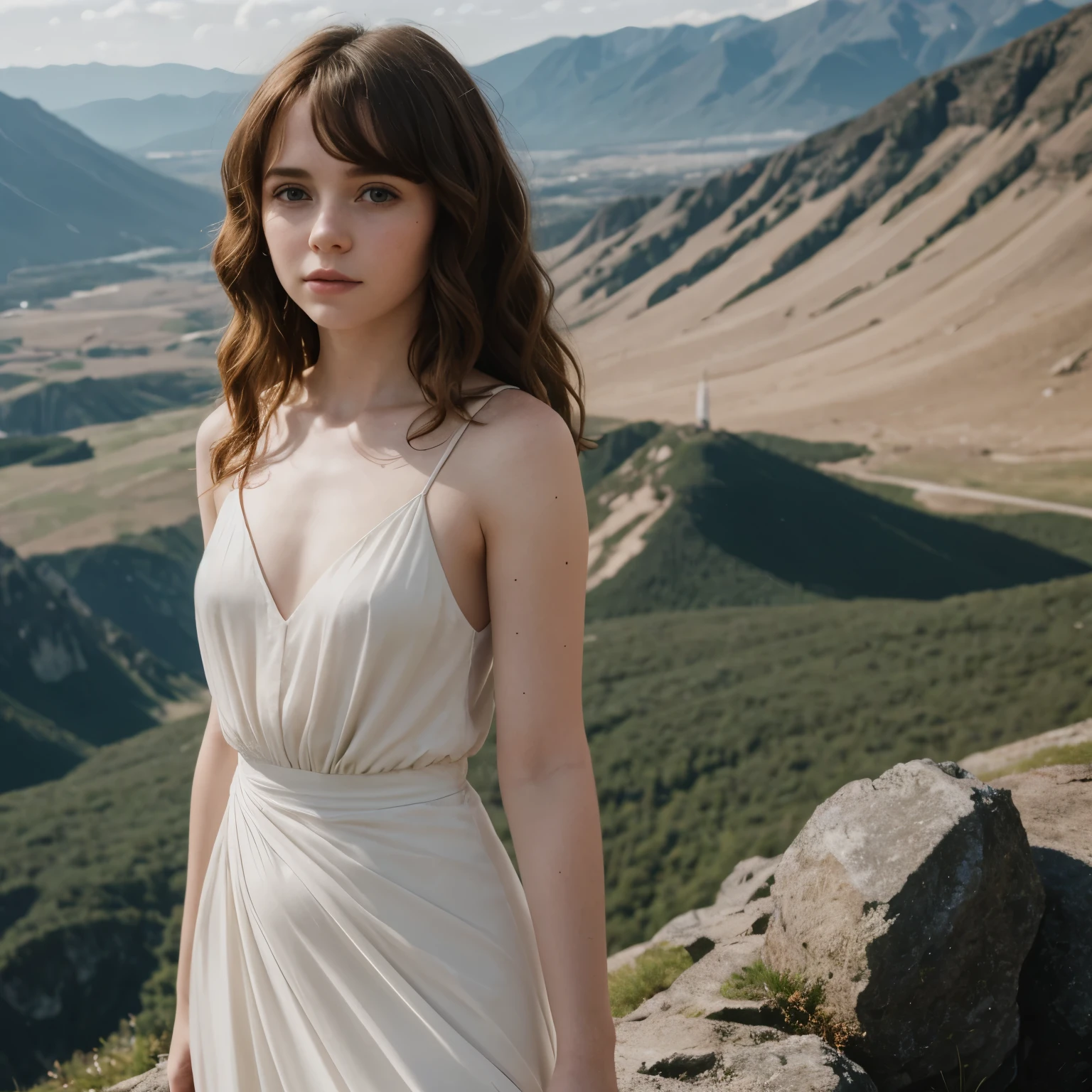 Sophia Lillis, plump body, long braided hair, high fantasy, dancing on a mountain top, billowing sheer dress