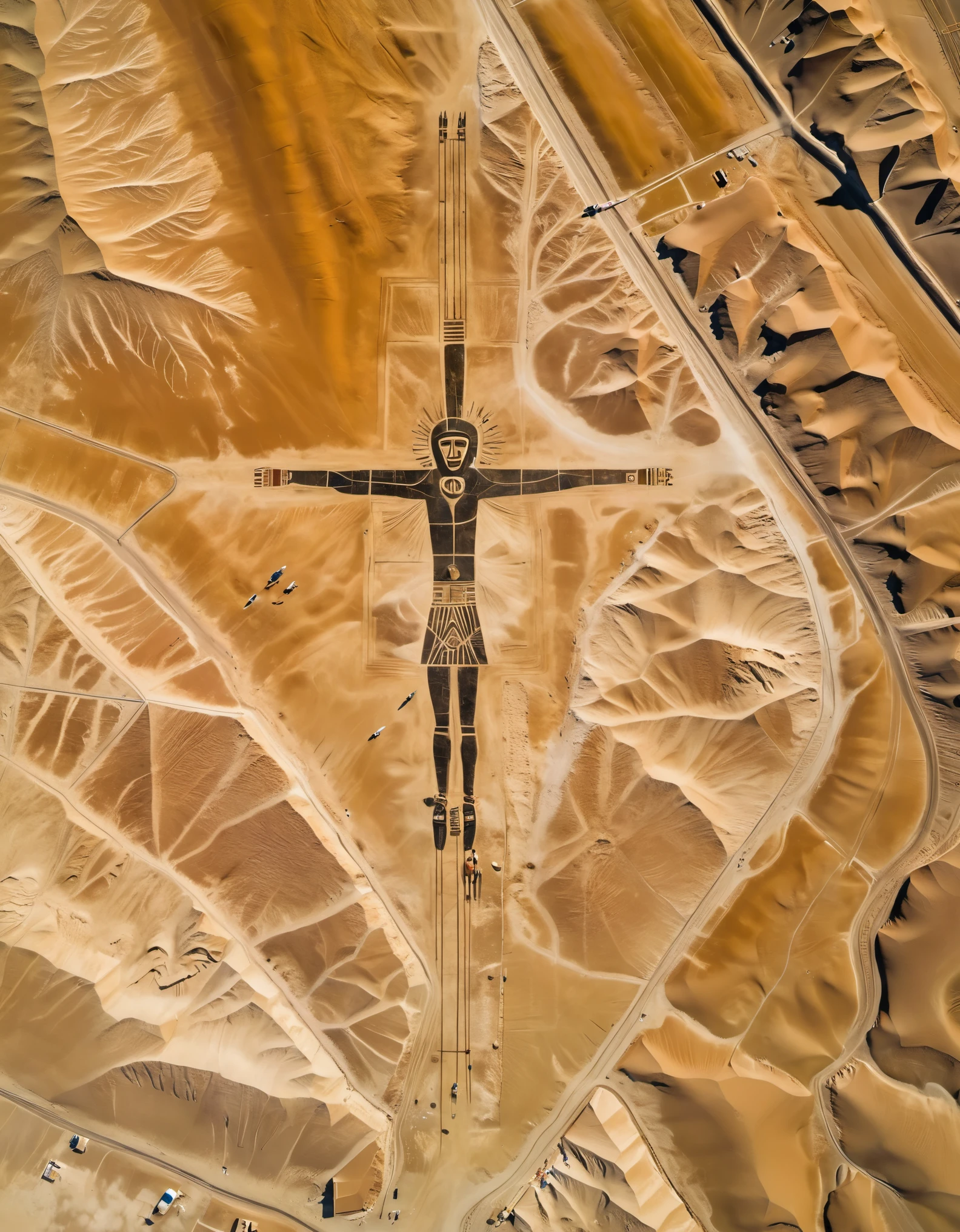 Aerial View/Aerial View, Nazca Giant Paintings, looking down on the land of Nazca from an airplane at a height of 1,000 meters, one is amazed to find a portrait of a man in this desolate, barren land: he is staring with his eyes, his right hand outstretched, and his feet are covered with heavy boots. In addition, there are paintings of various geometric shapes: straight lines, crossed lines, rectangles, and triangles.