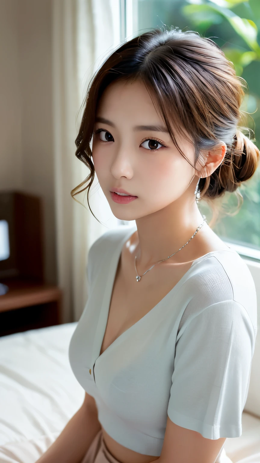 (masterpiece:1.3)、Super detailed finish、(High resolution、8k:1.3)、(highest quality、Super realistic like a photo:1.5)、sharp focus, ultra high definition face、Face is in focus、Ultra high definition and beautiful eyes、Eyes are symmetrical:1.3、I'm staring at you with focused eyes、High-definition and beautiful skin、firm skin、Ultra high definition hair texture、close up on face、japanese woman、16 years old、OL, business suit, white business shirt、pencil skirt、bedroom、sitting on the bed、(Wariza:1.3)、(sexy pose, multiple pose:1.3)、half updo:1.3, Very cute、very cute、light make, glossy lips、(Anxious face that looks like it's about to be raped:1.3)、(Strange look), anxious look、blush:1.3, (embarrassed:1.3)、thin necklace、(Staring at the camera:1.3)、color々Photos from an angle、I'm depressed:1.3