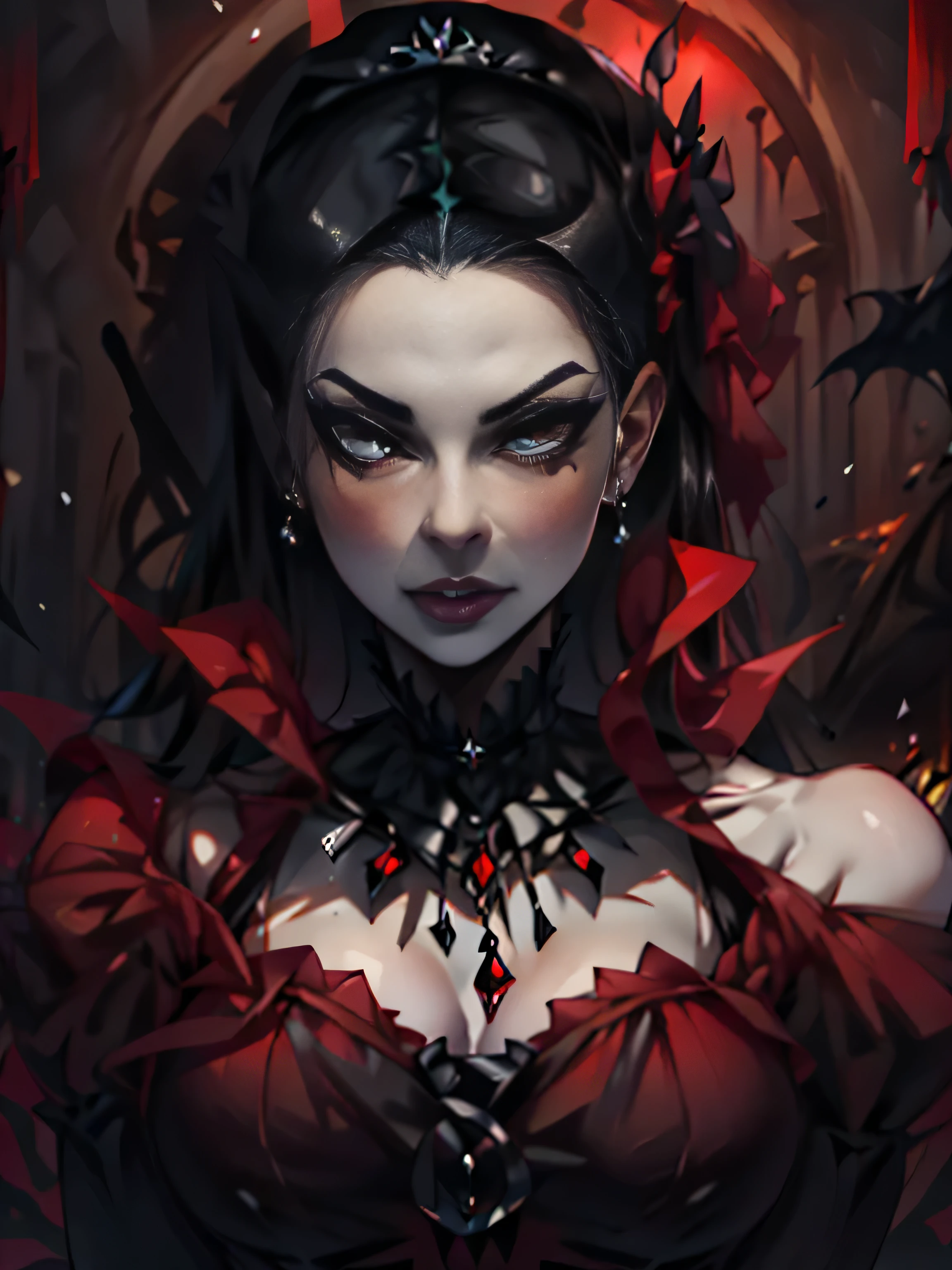 um close de uma mulher com um vestido vermelho e maquiagem de vampiro, beautiful Rainha Vampira, linda rainha feminina vampira, Rainha Vampira, carmilla vampira, retrato de vampiro, retrato de uma senhora vampira, beautiful and elegant demon queen, retrato da linda vampira, vampiro do clã theshadow, garota vampira, beautiful vampira feminina, vampira feminina, assustadora rainha da morte, fantasia de vampiros