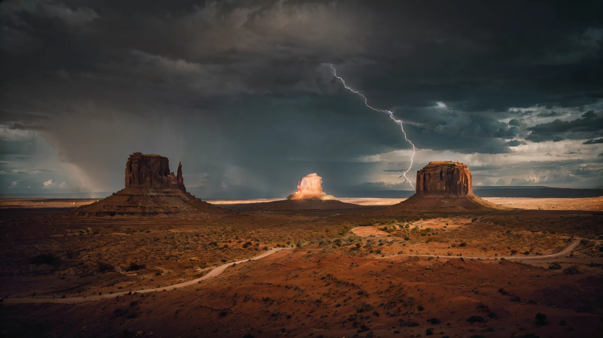 arafa view of a desert with lightning in the distance, foto vencedora do concurso unsplash, style of vale do monumento, stormy weather with lightning, Detailed lighting and thunder, electrical storms, moody lightning, tempestade de raios, stormy scenery, vale do monumento, dark storms with lightning, vale do monumento landscape, lightning in the distance, vencedor do concurso de fotografia unsplash, vencedor do concurso unsplash