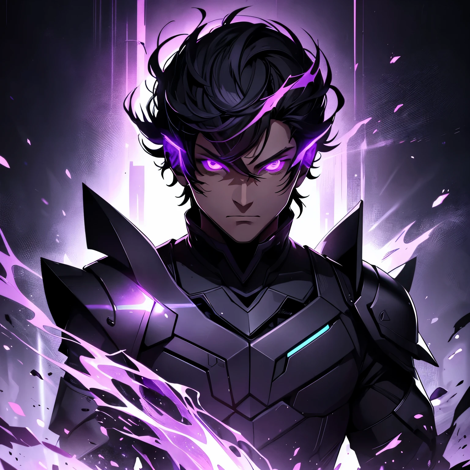 Silhouette of a man, black silhouette, man, black armor, purple eyes, glowing eyes, glowing purple, glowing purple eyes