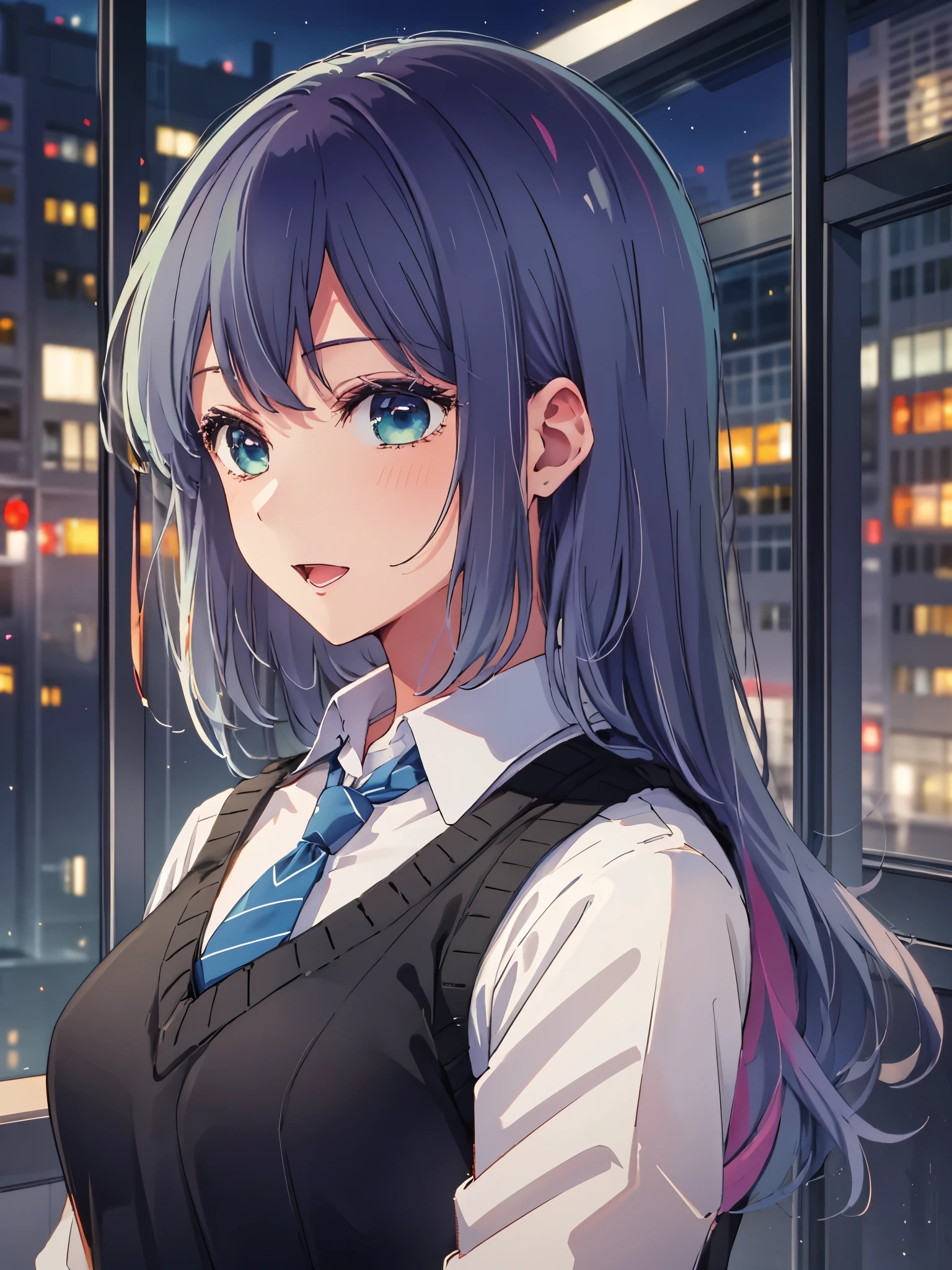 beautiful lighting, 1 girl, alone, Akane, white shirt, sweater vest, black vest, blue tie, ((anime style))、((2D))、laughter、open your mouth