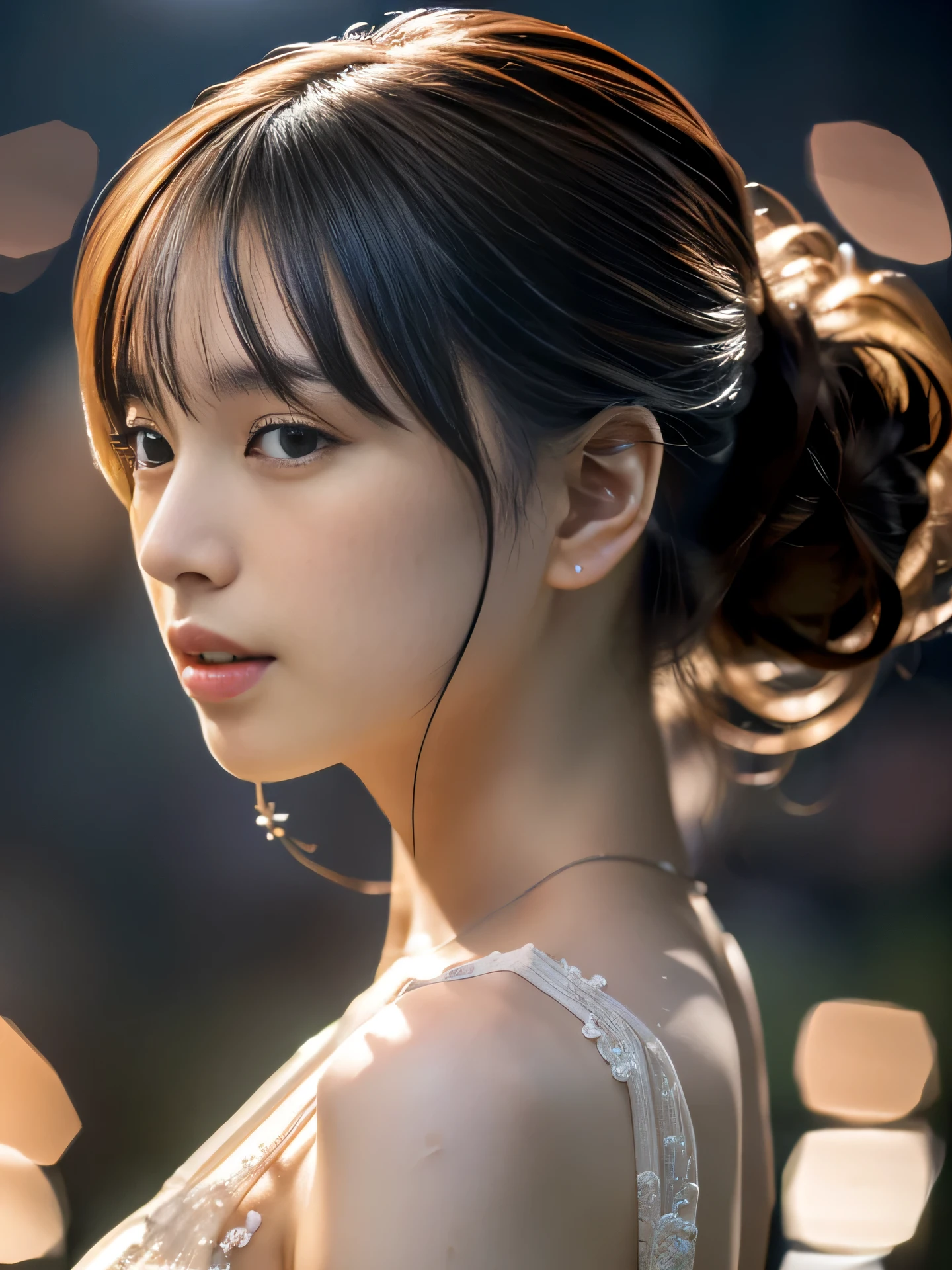 High resolution, RAW photo, realistic, very delicate and beautiful, very detailed, finely, very detailed CG Unity 8K 壁紙, super detailed, (highest quality, 8k, 32K, masterpiece, Hmm:1.2), Photos of beautiful Japanese models in their 20s, half up hair, blurry night view,