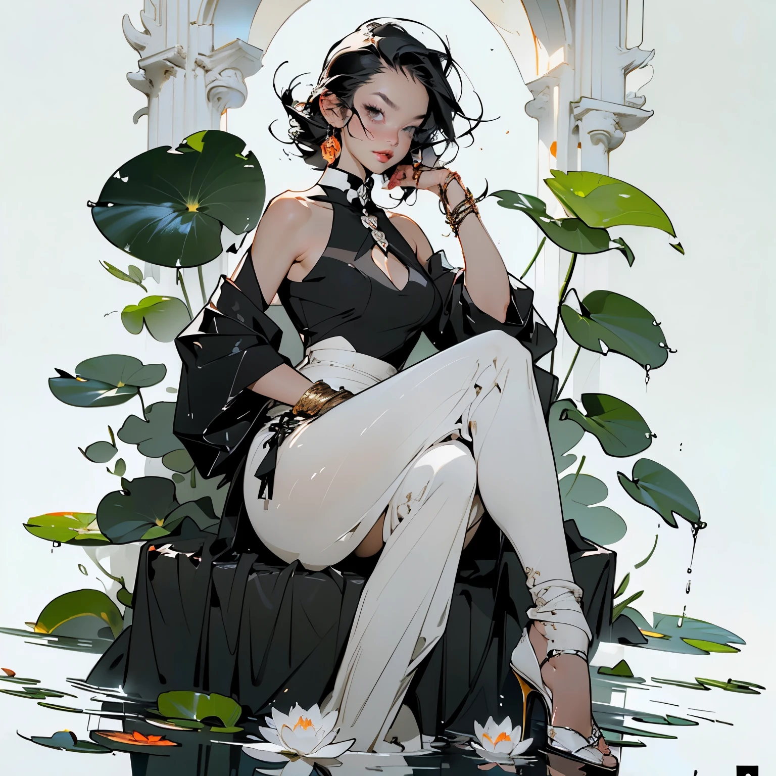 ((Create MaxZenArt!))_((Single, 1 girl, full body, Sexy sock, topless, black transparent chiffon dress, lace), (heels, foot shoes), (Sitting, wet, sexy, erotic ), (Hand on the waist))_((make-up mascara, soft scarlet lips), (straight black hair - long, cascade), (cold shine, wet straight black hair))_((minimalism, monotonous), (simple color palettes), (clean), (metaphysical garden), (symbolism), (abstraction), (smooth silhouettes))_((Top layer, clear line, clear masterful drawing, clean graphic line-stroke))_((NFV , Other), (new features, asymmetrical, geometric))_((Sexy materials and design), (erotic model), (simple, minimal accessories), (necklaces and thin rings in silver or gold), (simple bracelets, distinctive design, simple silhouettes), (simple and erotic style))_((Background),(abstraction-minimalism), (high quality materials), (fresh, color fill, wide brushstroke, simplicity and sophistication), (stunning white lilies, extremely unusual, long stems)), ((water, lilies, water lilies on the water)), ((white lilies - large stems)).