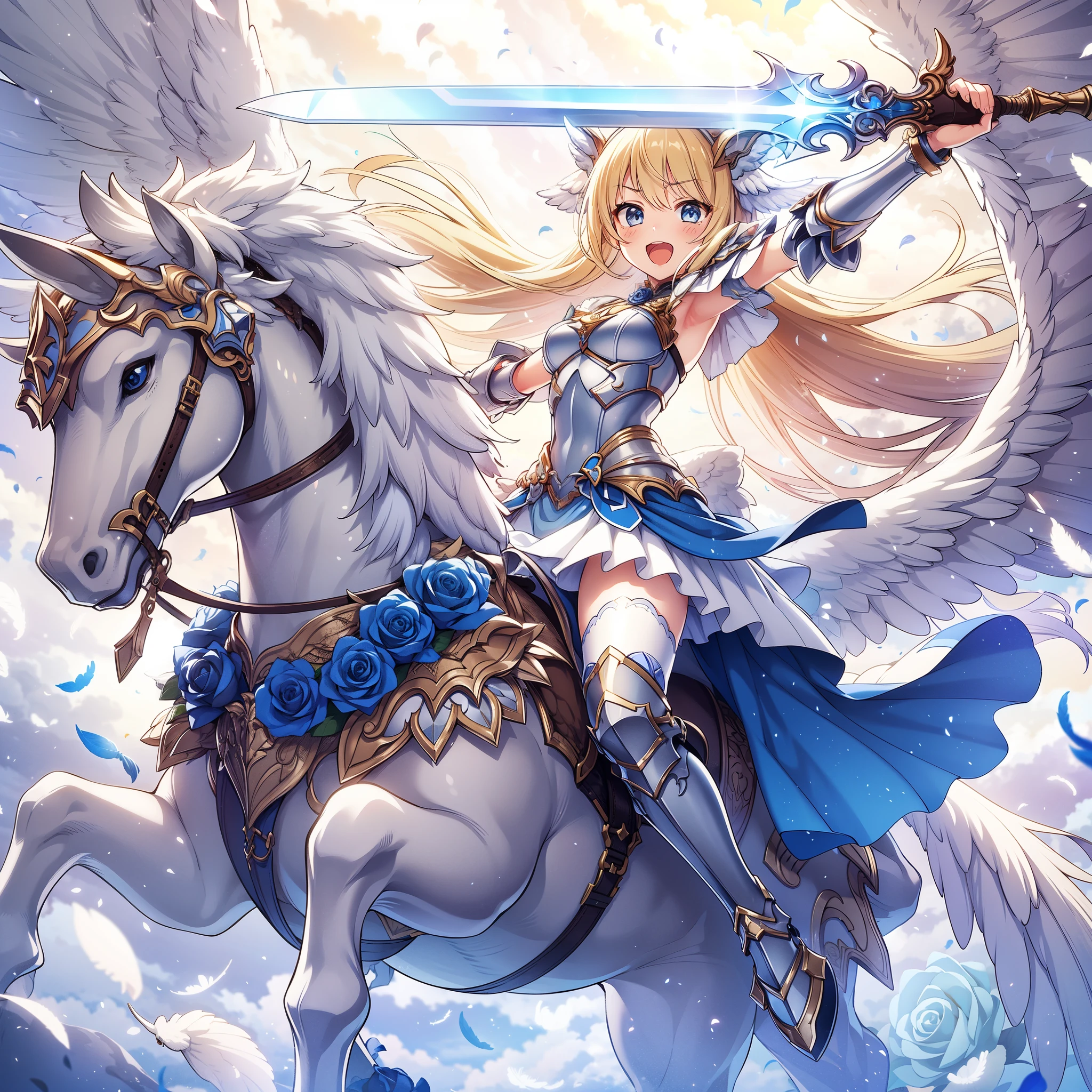 (masterpiece), best quality, 1girl, A beautiful young girl with long blonde hair wearing a blue skirt and white heavy armor, riding on a white Pegasus. The girl raises the sword in her hand and shouts, the Pegasus raises its front feet high in the air, and the Pegasus spreads its white wings in the air. Winged head gear, armor decorated with blue roses, sword decorated with blue roses. Pegasus, winged horse, feathers flying apart. Sacred light, blue sky and clouds, noble and elegant, glittering, fantasy art