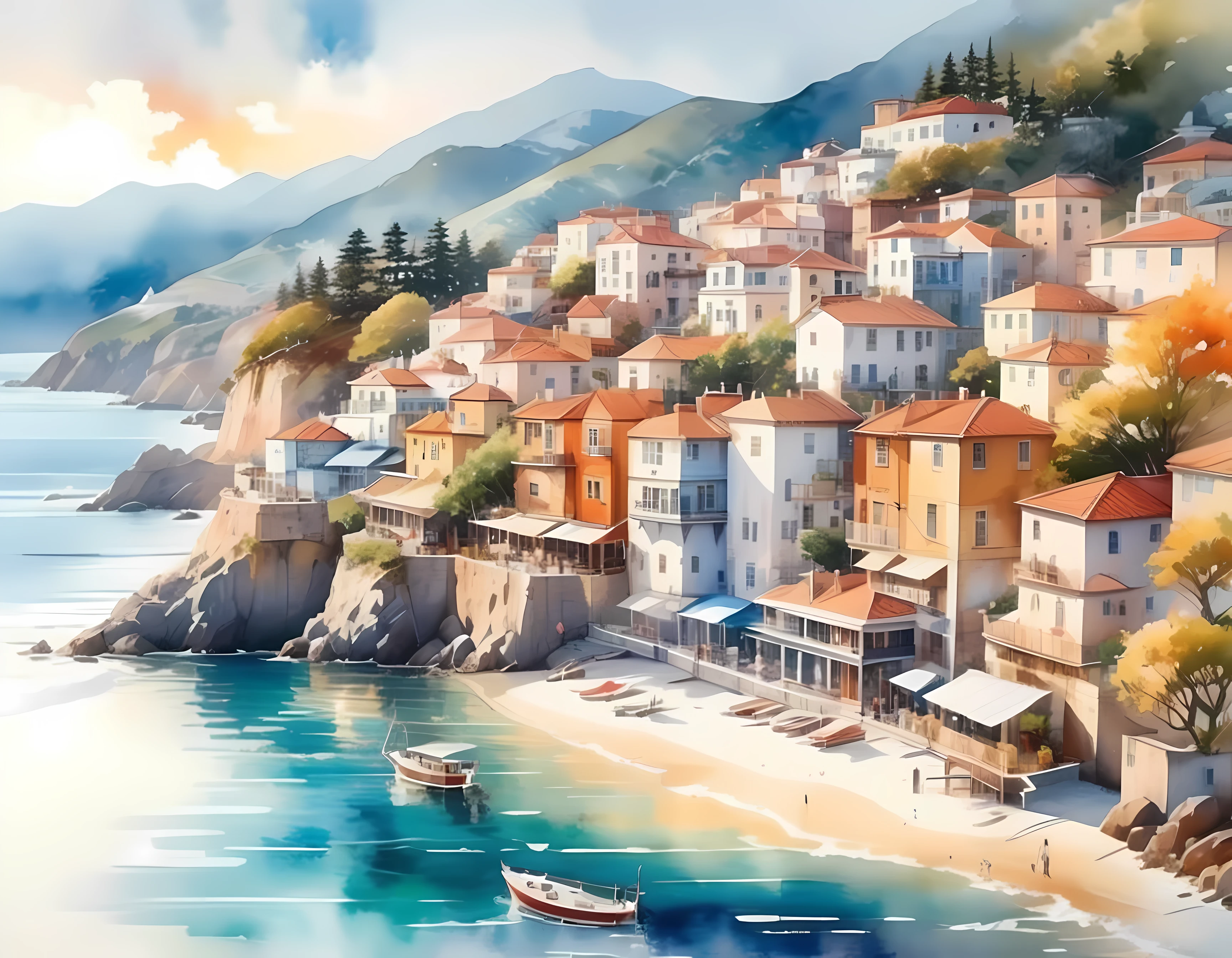 Watercolor painting, masterpiece in maximum 16K resolution, superb quality, a stunning ((aerial view)) of a coastal city nestled between mountains and the ocean, iconic landmarks, vibrant neighborhoods, golden hour lighting and atmospheric haze to create a sense of depth and dimension, intricate details of the buildings and streets, harmonious color scheme. | ((More_Detail))