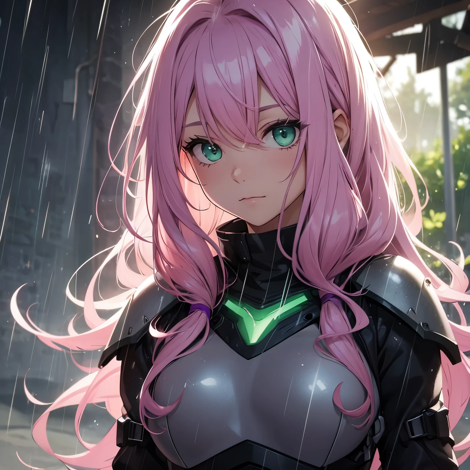 Girl, pink hair, lock of hair, wavy hair, green eyes, in rain, ((dynamic light)), future violet armor