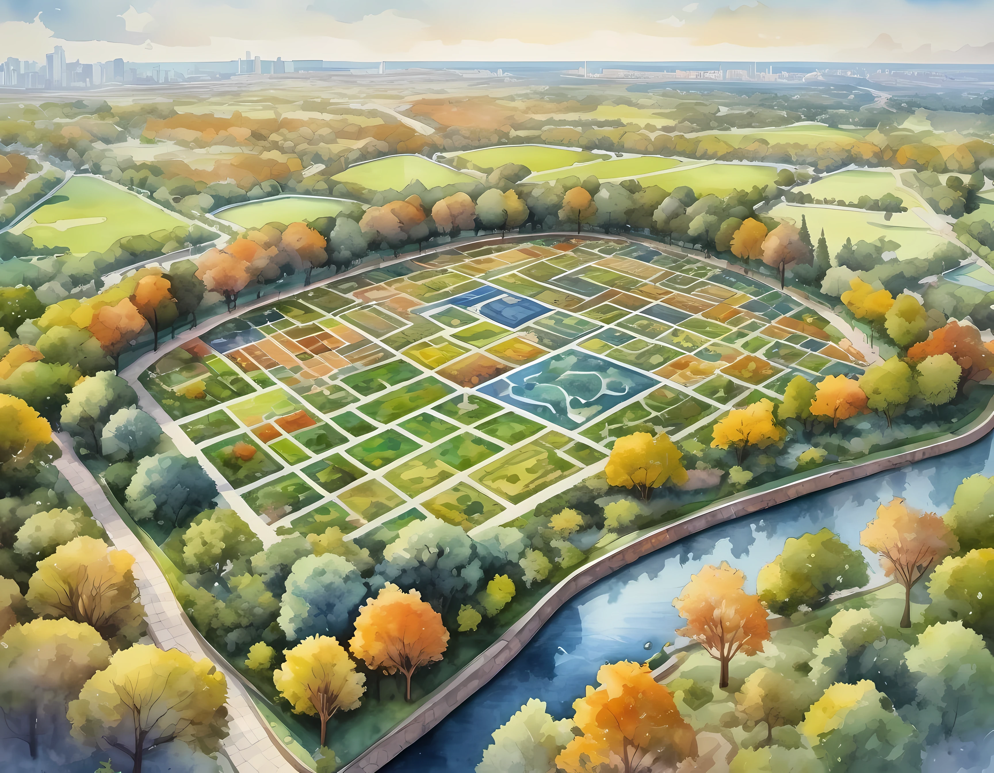 Watercolor painting, masterpiece in maximum 16K resolution, superb quality, epic cartoon drawing of a breathtaking aerial view of a parkland mosaic, divided into a grid-like pattern, showcasing diverse park features with contrasting colors and textures, illuminated with warm, natural light for depth and detail. | ((More_Detail))