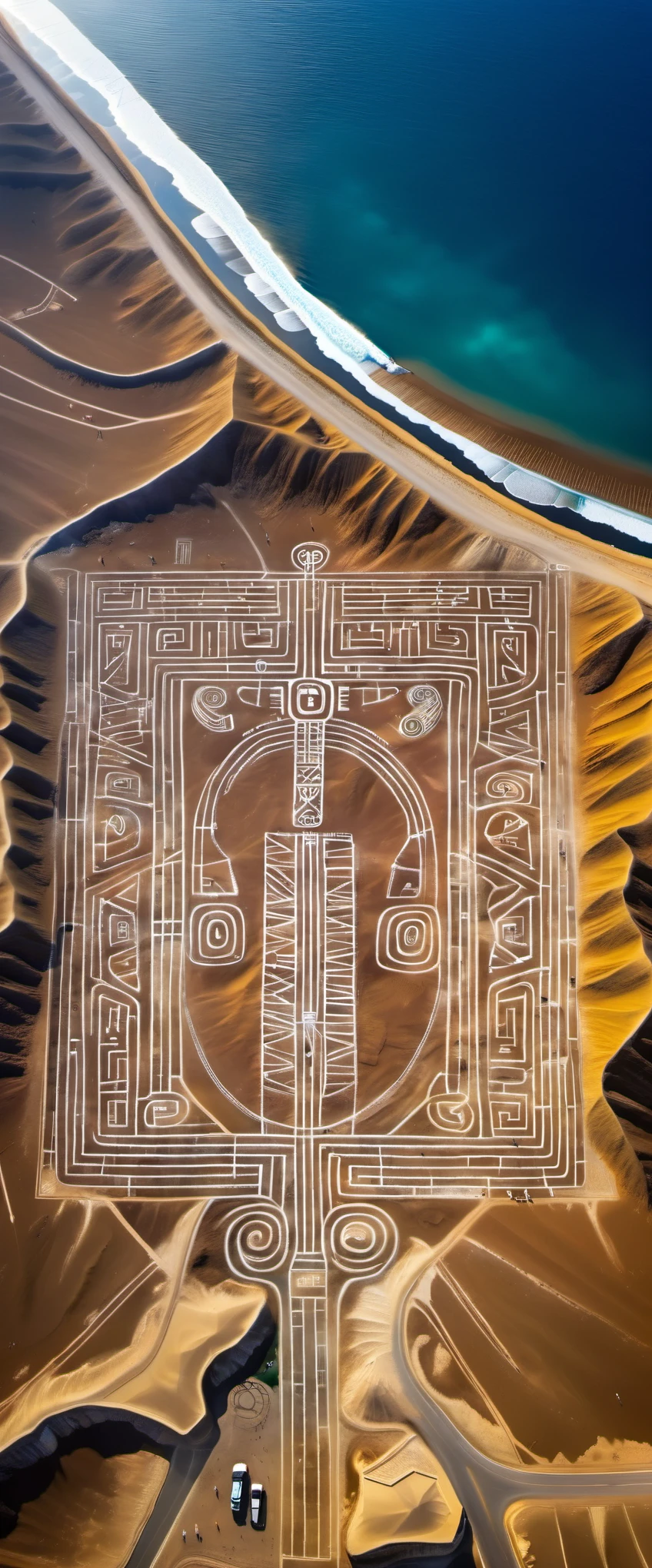 Aerial View/Aerial View, Nazca Giant Painting, Nazca Lines, In the Gulf of Paracas, Peru, looking down on the land of Nazca from a height of thousands of meters, one is amazed at the portrait of a man in this desolate, barren land: he stares with his eyes outstretched with his right hand, Bird Painting, Irregular Geometric Shapes, Line Art, Sharp Focus, Blue Sea Water