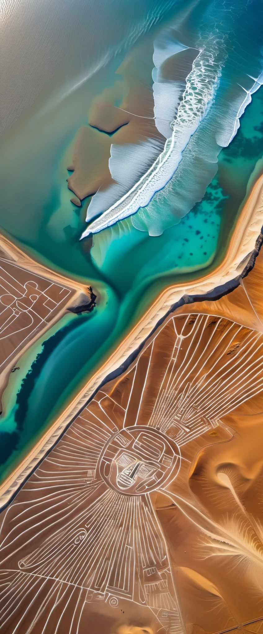 Aerial View/Aerial View, Nazca Giant Painting, Nazca Lines, In the Gulf of Paracas, Peru, looking down on the land of Nazca from a height of thousands of meters, one is amazed at the portrait of a man in this desolate, barren land: he stares with his eyes outstretched with his right hand, Bird Painting, Irregular Geometric Shapes, Line Art, Sharp Focus, Blue Sea Water 