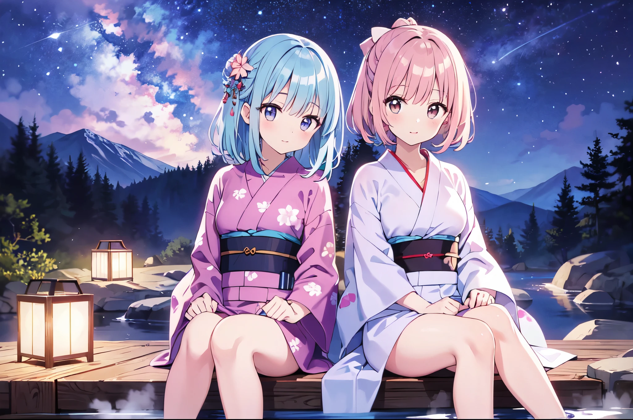 （masterpiece）、(highest quality)、((Super detailed))、(super delicate)、pastel colored hair、beautiful breasts、yukata、Hot spring at night、fantastic starry sky